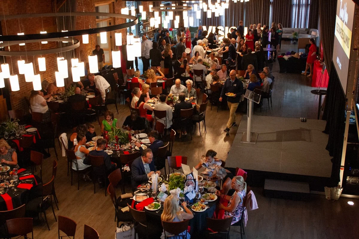 Overhead view of a nonprofit fundraising dinner at High Line Car House, an event venue in downtown Columbus, Ohio. 