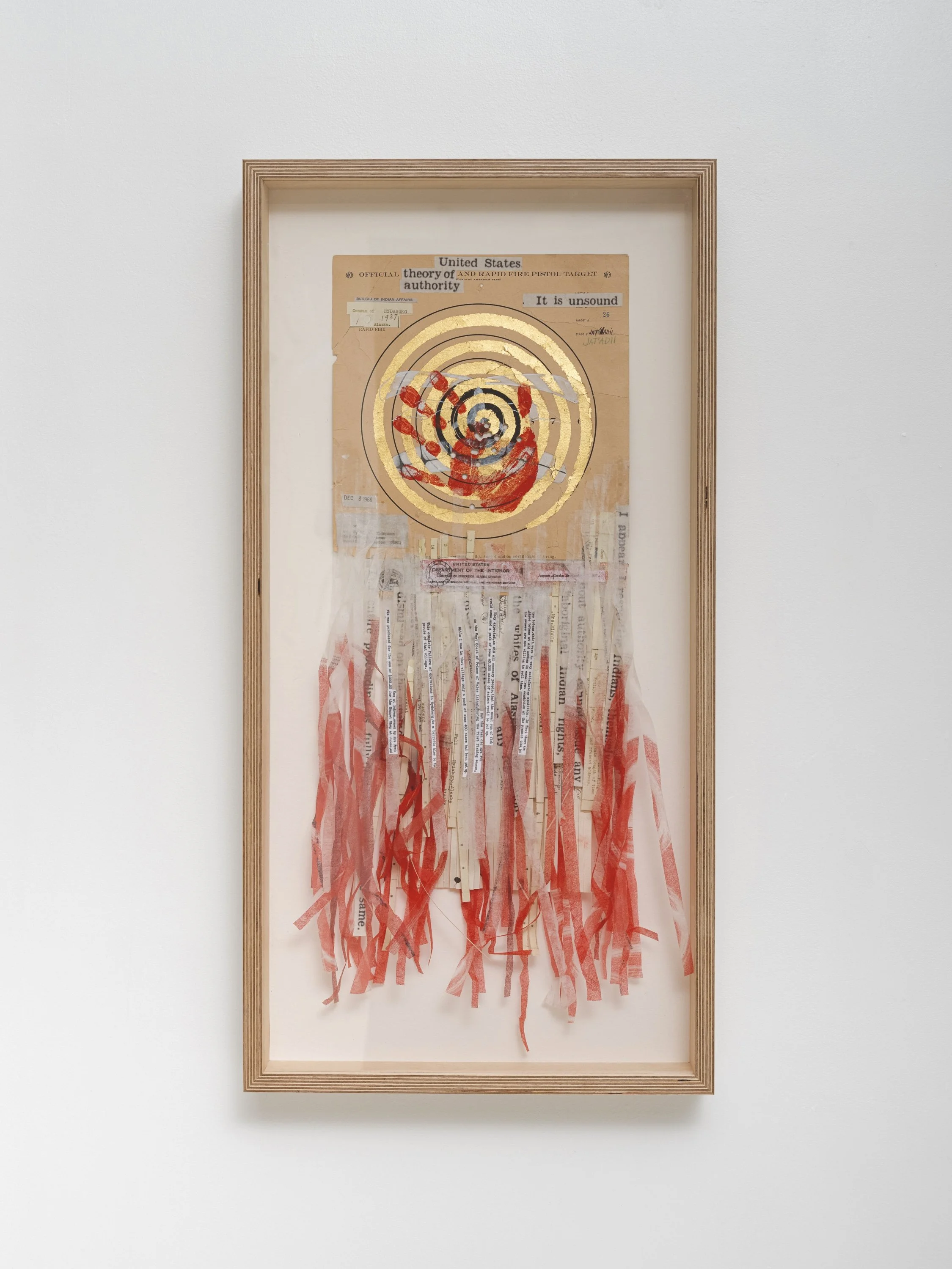 jat’adíi, Theory of Authority, (making ceremony of learning a word in Xaad Kíl), 2025

used pistol target, shredded archives, gold leaf, acrylic, gouache, mono print on mulberry paper 
28 x 12 inches
