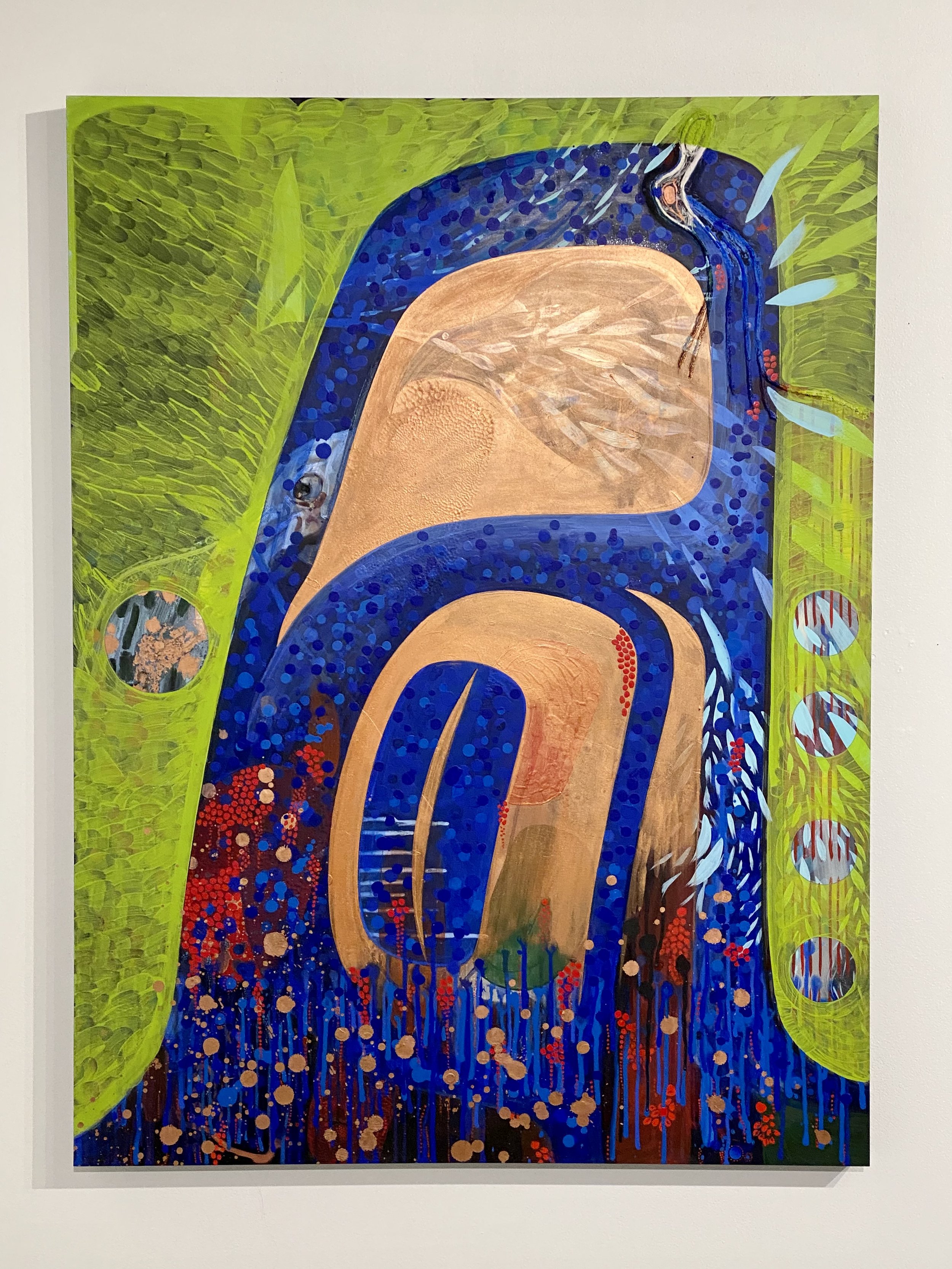 Sgáan hlgán (The Dorsal Fin Tears the Water to Balance the Being)
Paint and screen print on panel, 2022
48”x36”