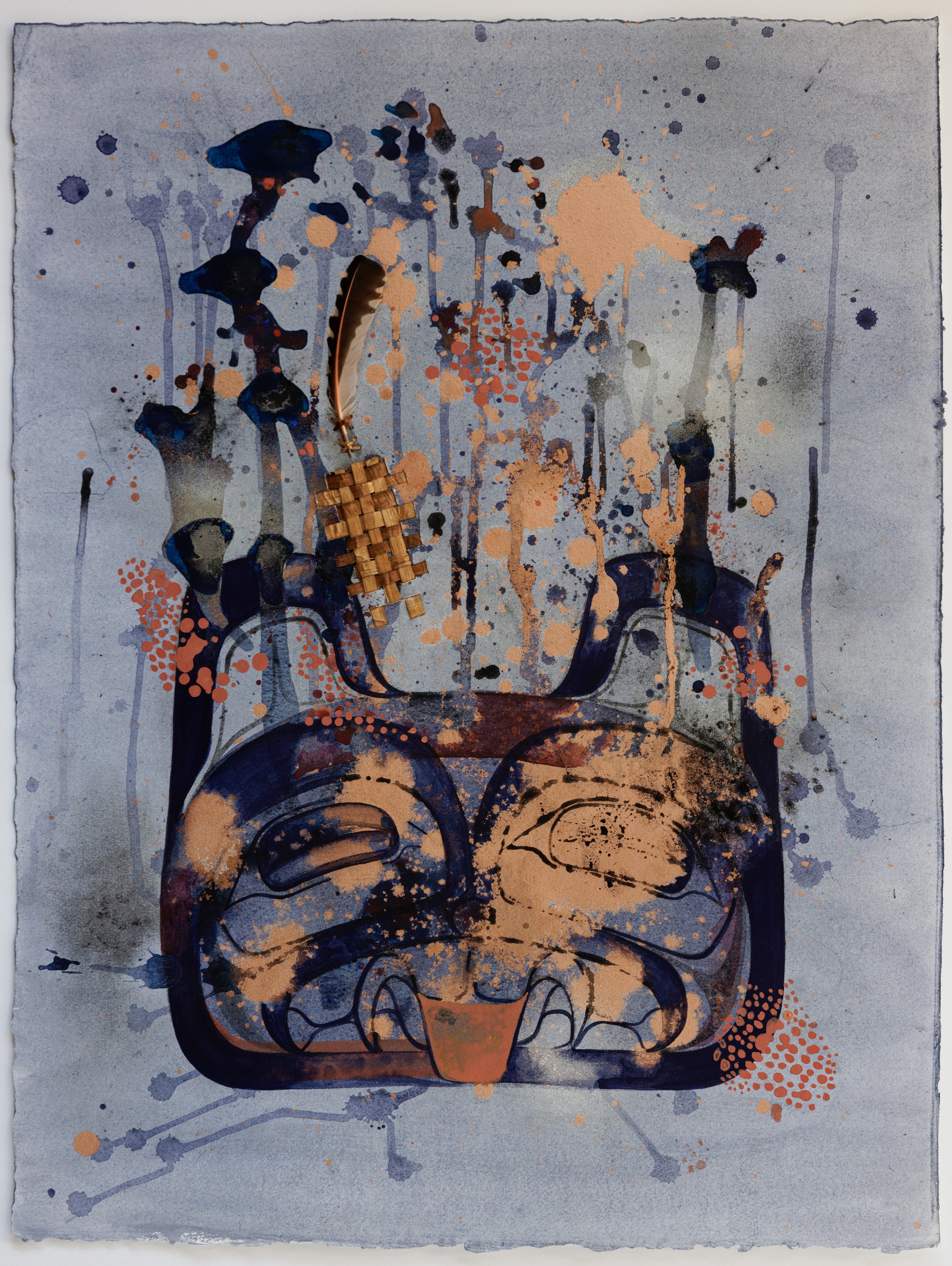Son of a Bear
Acrylic, spray paint, charcoal, and a flicker feather on paper, 2021
26.5”x20”