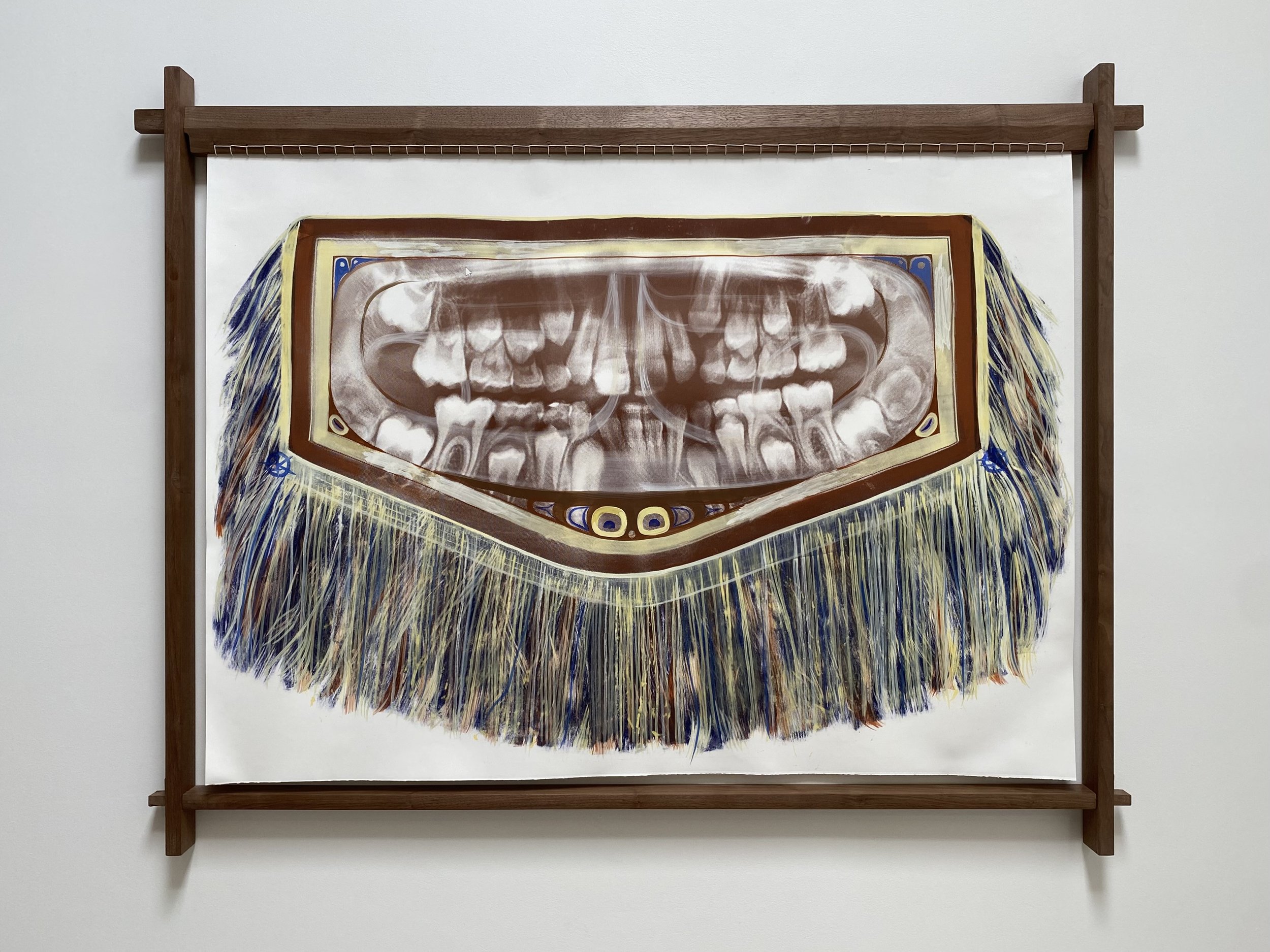 Baring the Spirit, 2025, silkscreen, mono print, gouache and cotton thread with walnut frame. 44”x55”