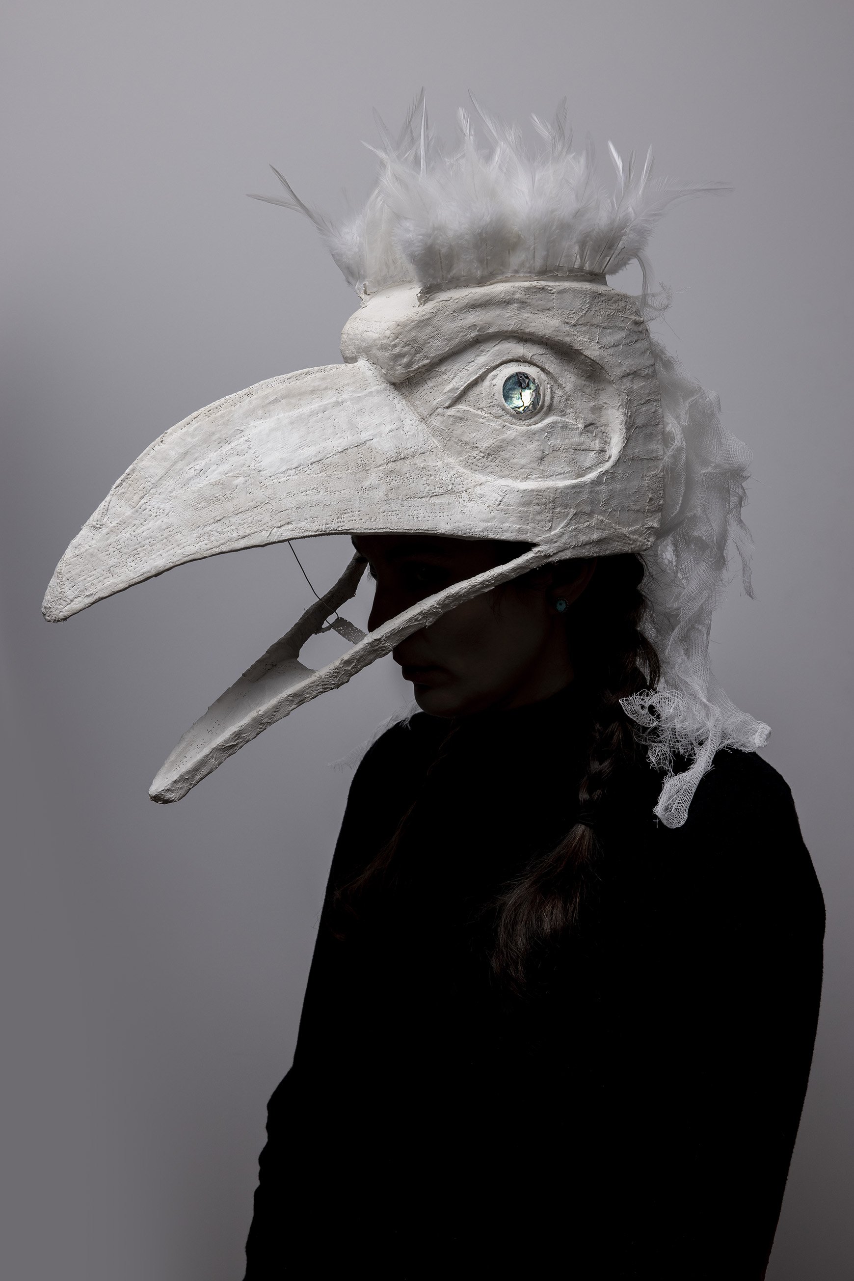Wounded Daughter of Foam Woman Dancing Mask
30”x20”x9”
Plaster bandages, gauze, rooster feathers, and abalone shell, 2021