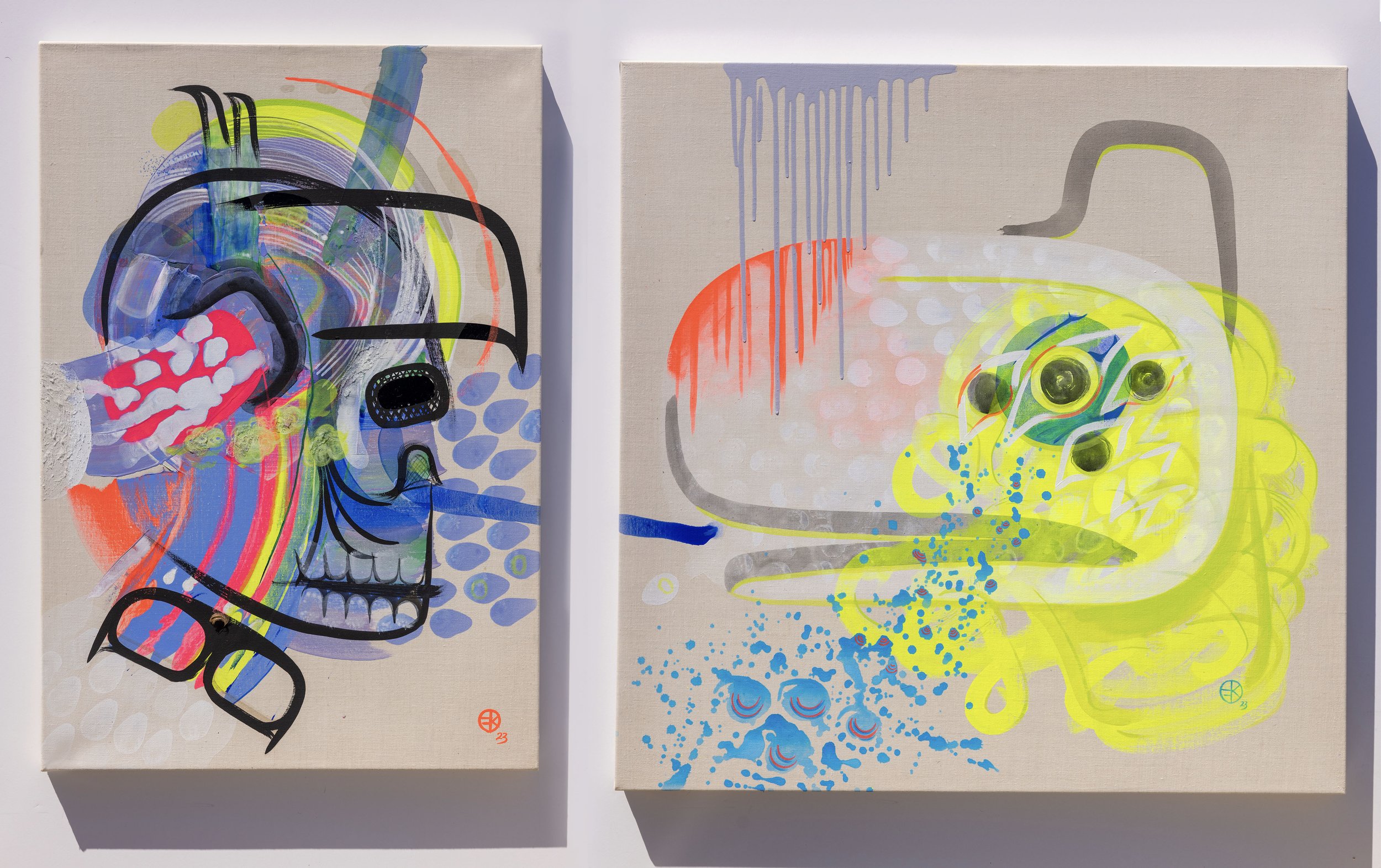 Passage of Knowledge. 2023. Acrylic and glass beads on linen. 32”x22” & 33”x33”