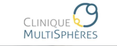 Logo de Clinique Multisphères avec un symbole stylisé en forme de sphère et texte en gris et bleu.