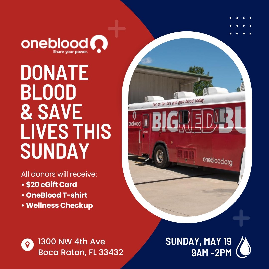 The OneBlood Mobile will be here on campus this Sunday. Every two seconds of every day, someone needs blood. Give the gift of life and make in impact in our community this Sunday.
