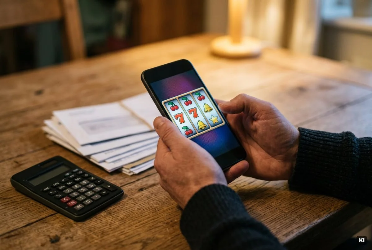 Smartphone mit Online-Casino-Spiel neben Kontoauszügen und Taschenrechner – Verluste bei 20Bet, 22Bet, Bizzo Casino oder National Casino zurückfordern