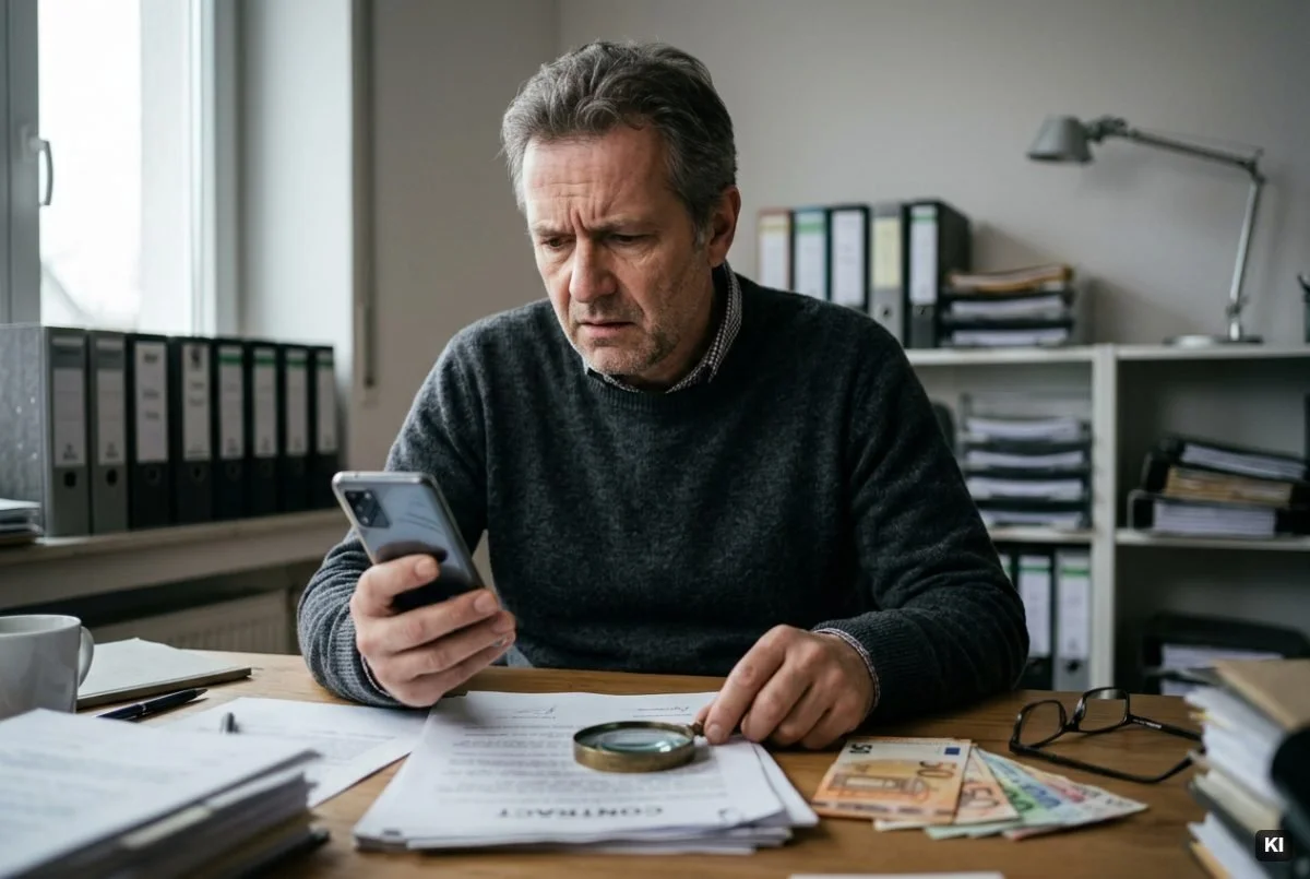Mann prüft am Schreibtisch Vertrag und Zahlungsaufforderung am Smartphone – Betrug nach § 146 StGB