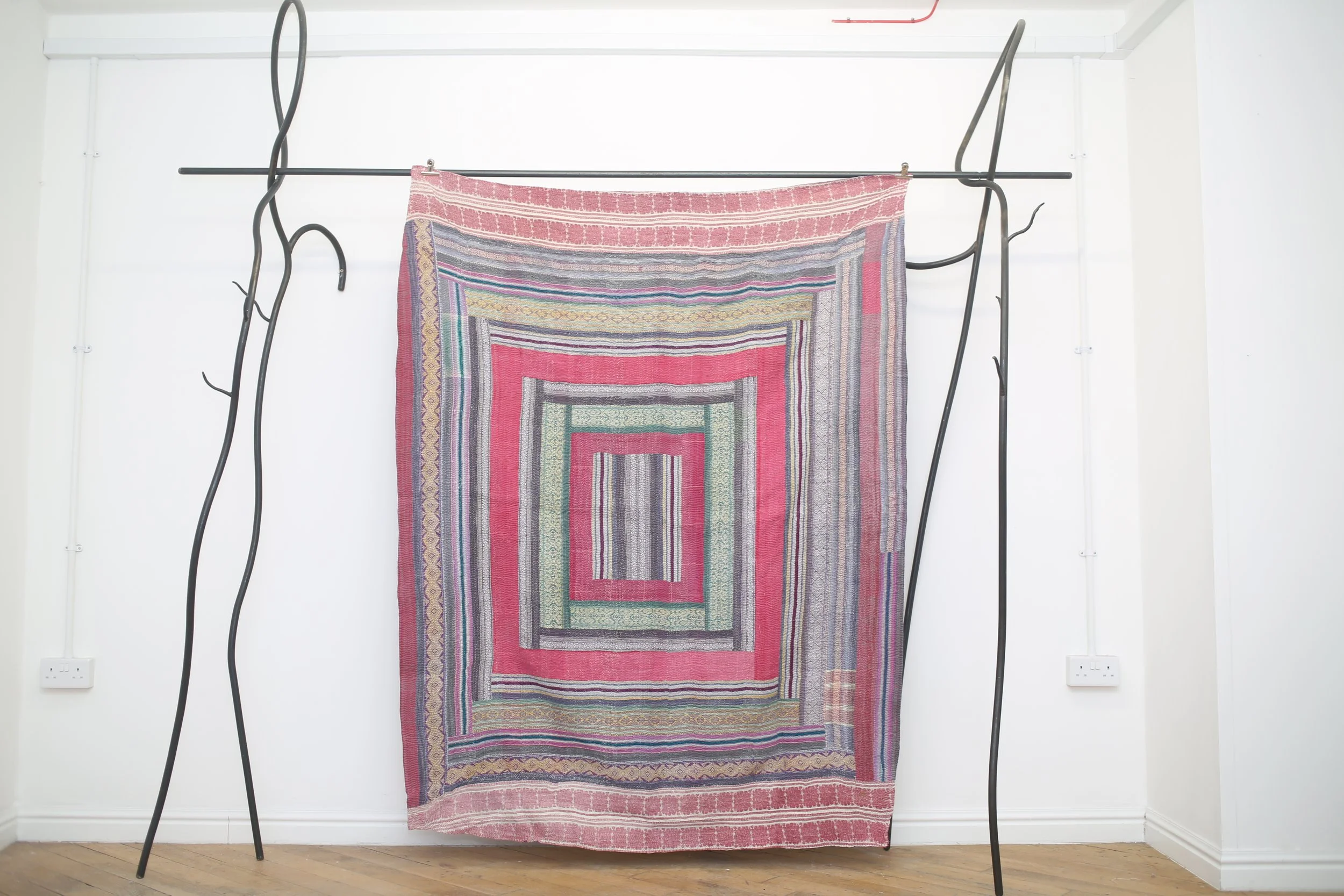 pink square kantha quilt