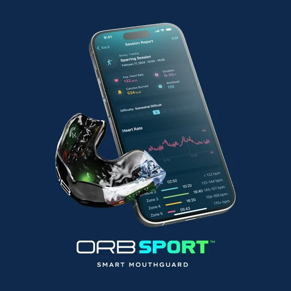 Smart mouthguard and smartphone display with fitness app on dark background, featuring ORB SPORT logo and Orb Sport Smart Mouthguard.