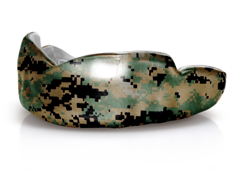 Camouflage sports mouthguard on reflective surface