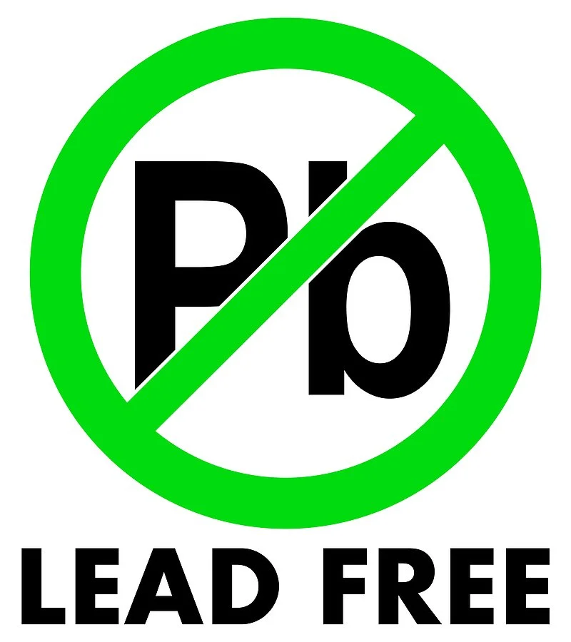An image with the element symbol for Lead PB with a green strikethrough