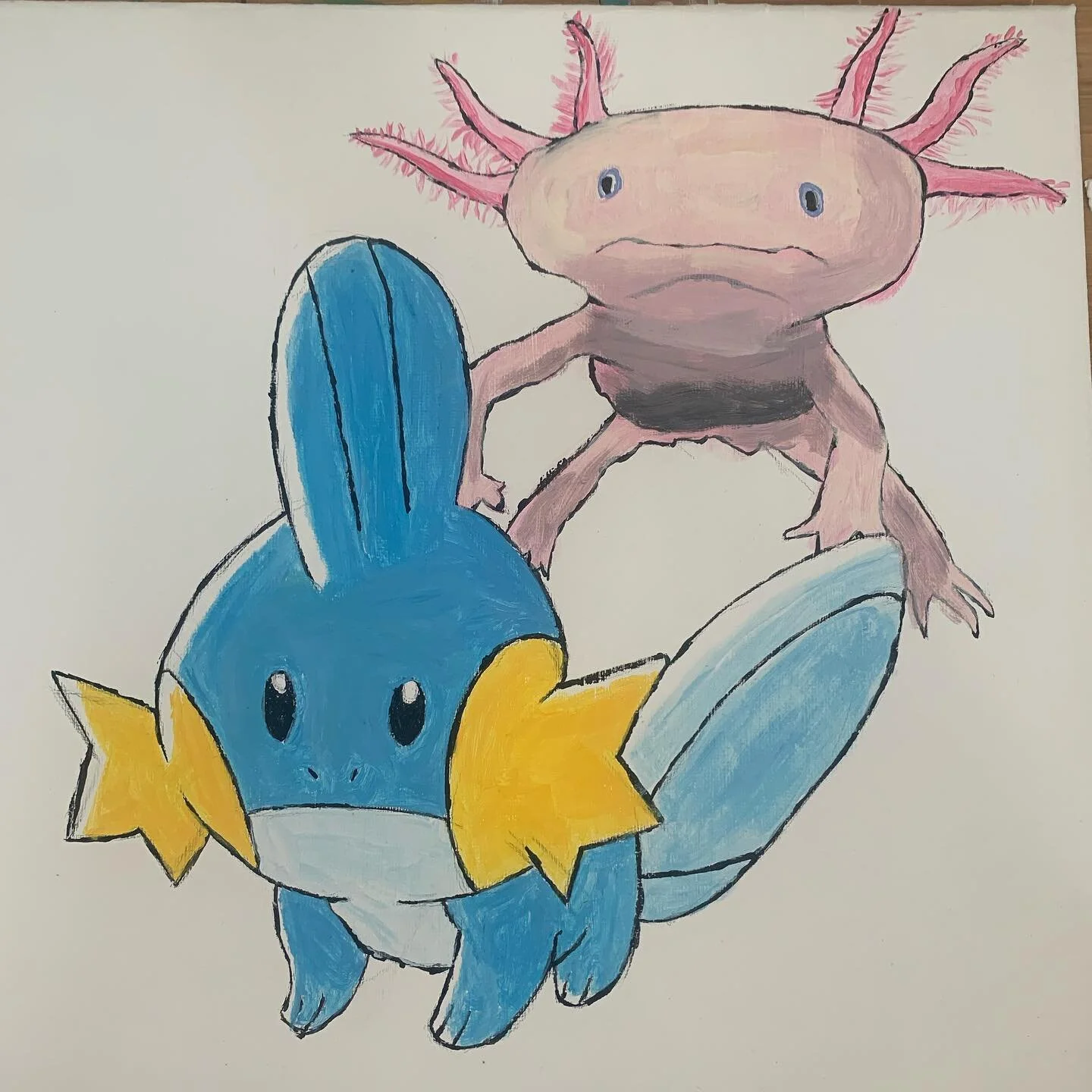 Painted my favorite Pok&eacute;mon Mudkip, with its animal counter part, the axolotl right behind it. 

Fun fact about axolotls is that they can regenerate lost limbs. Not only that but they can regenerate limbs up to 5 times before permanently losin