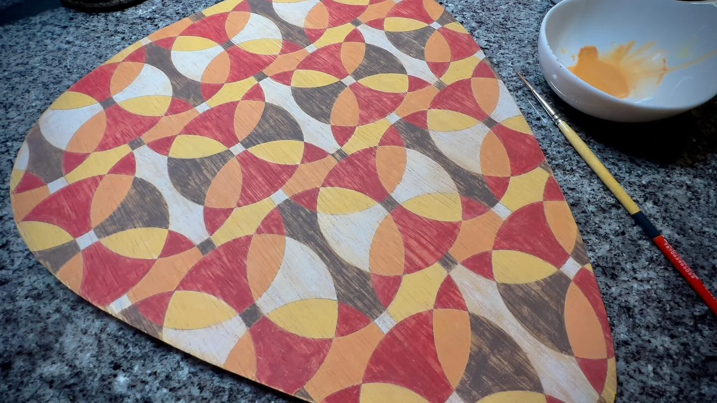 The back of the guitar pick body. Painted and distressed. #guitar #guitarpick #handmade #motif #cbgitty #stewmac #patterns #threestringguitar #distressed #handpainted #woodworking #wood