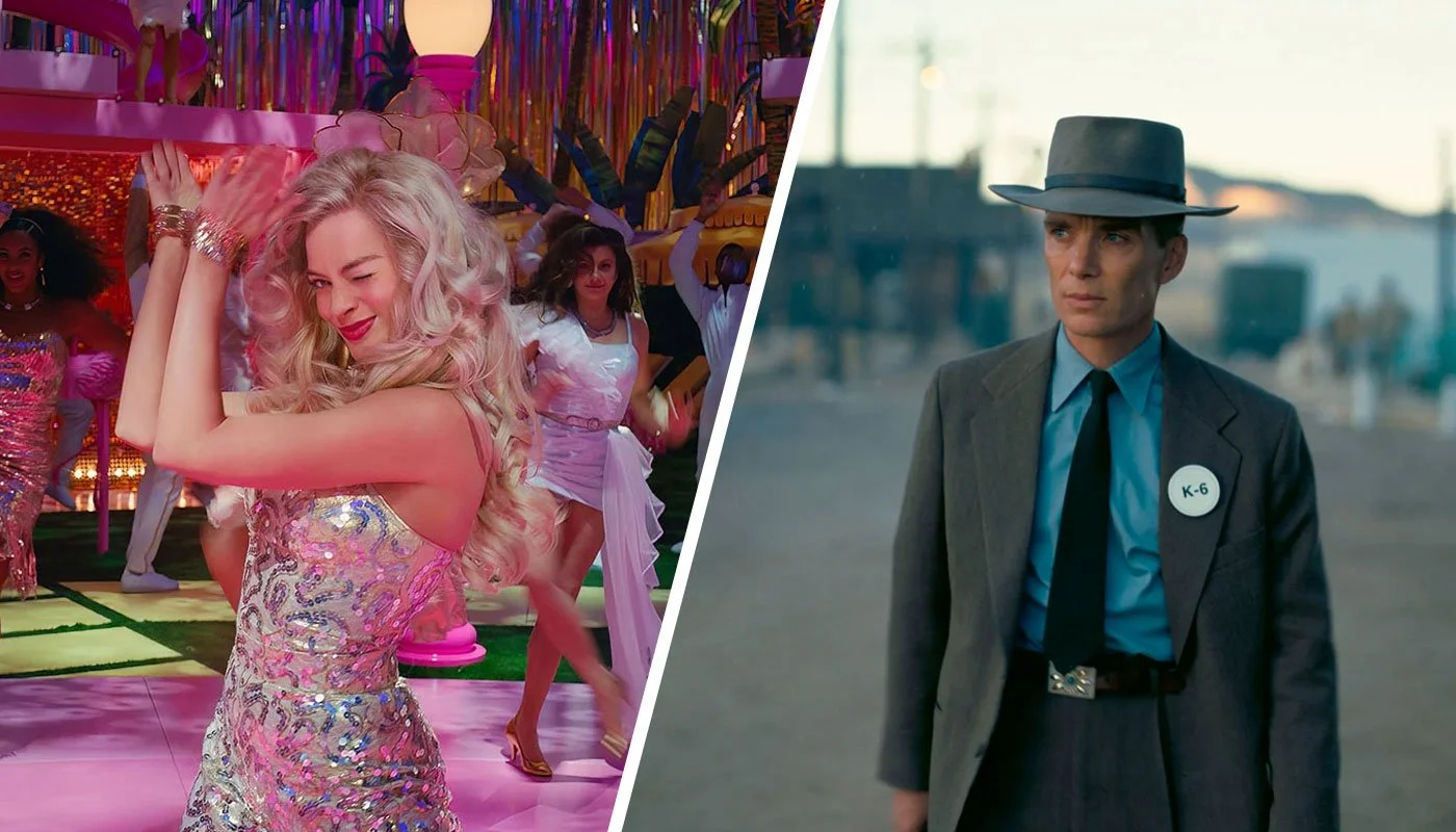 A split image of stills from Barbie (2023) and Oppenheimer (2023)