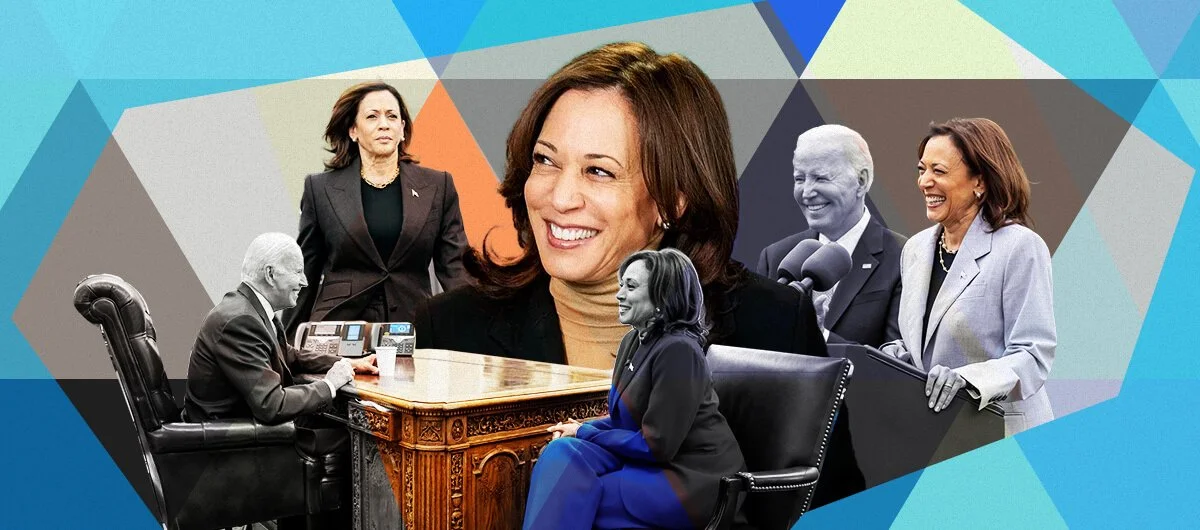 A collage of images of Kamala Harris