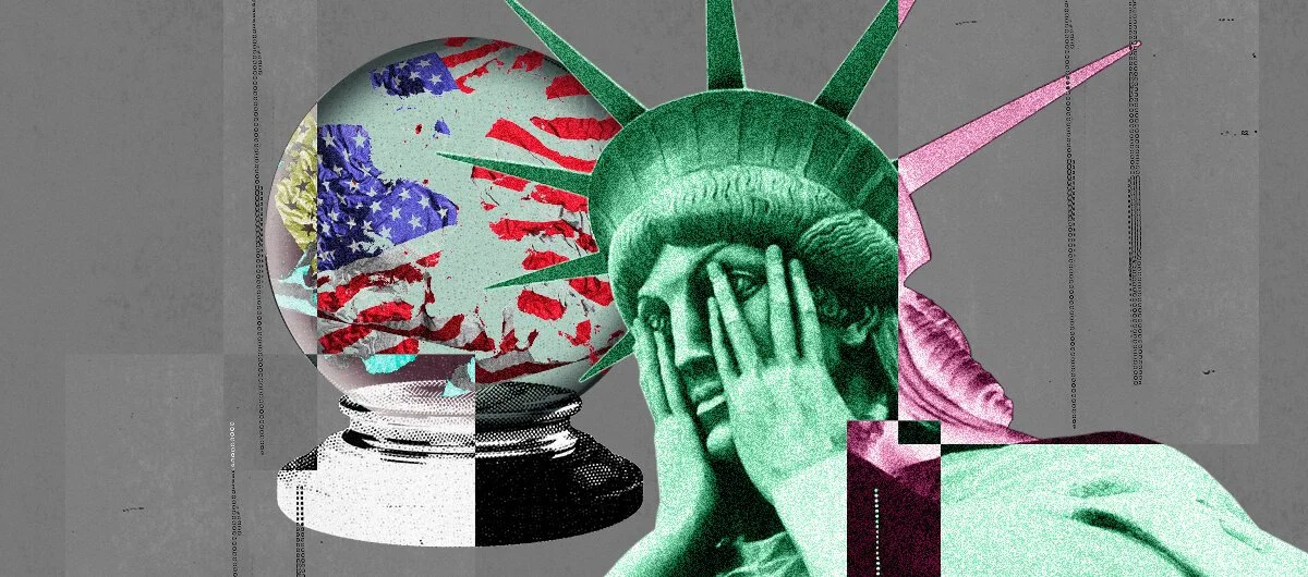 An image of the Statue of Liberty rendered with her hands over her face in dismay