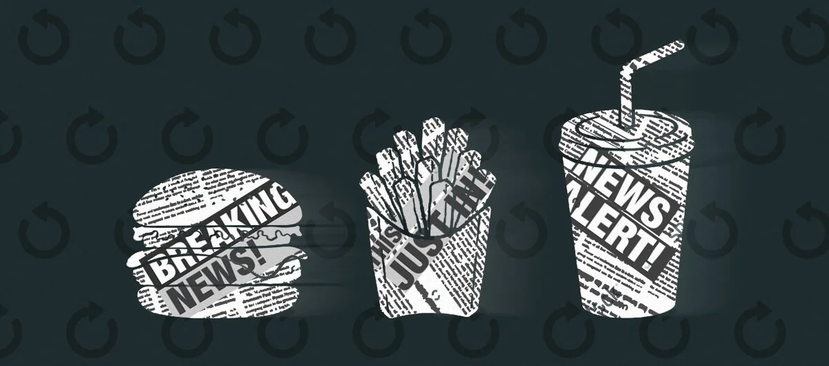 Newsprint cut into fast food shapes: burger, fries, soda