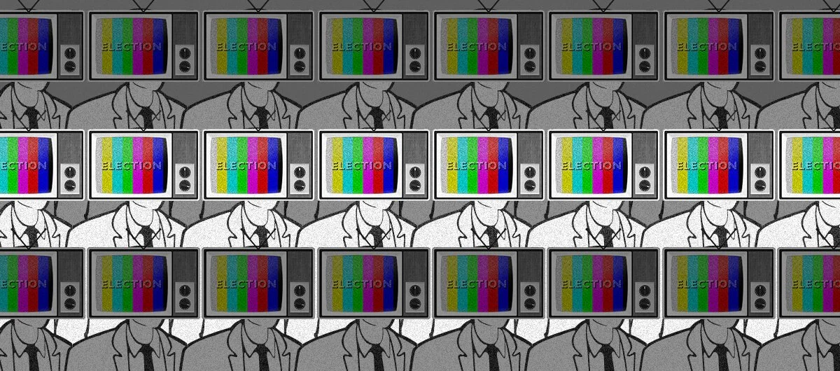 A repeating television screen over a generic white man in a suit, repeating, with error bars and the word "election" on screen