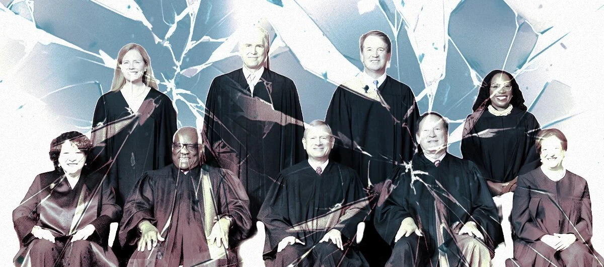 An image of the 2023 Supreme Court with broken glass over it