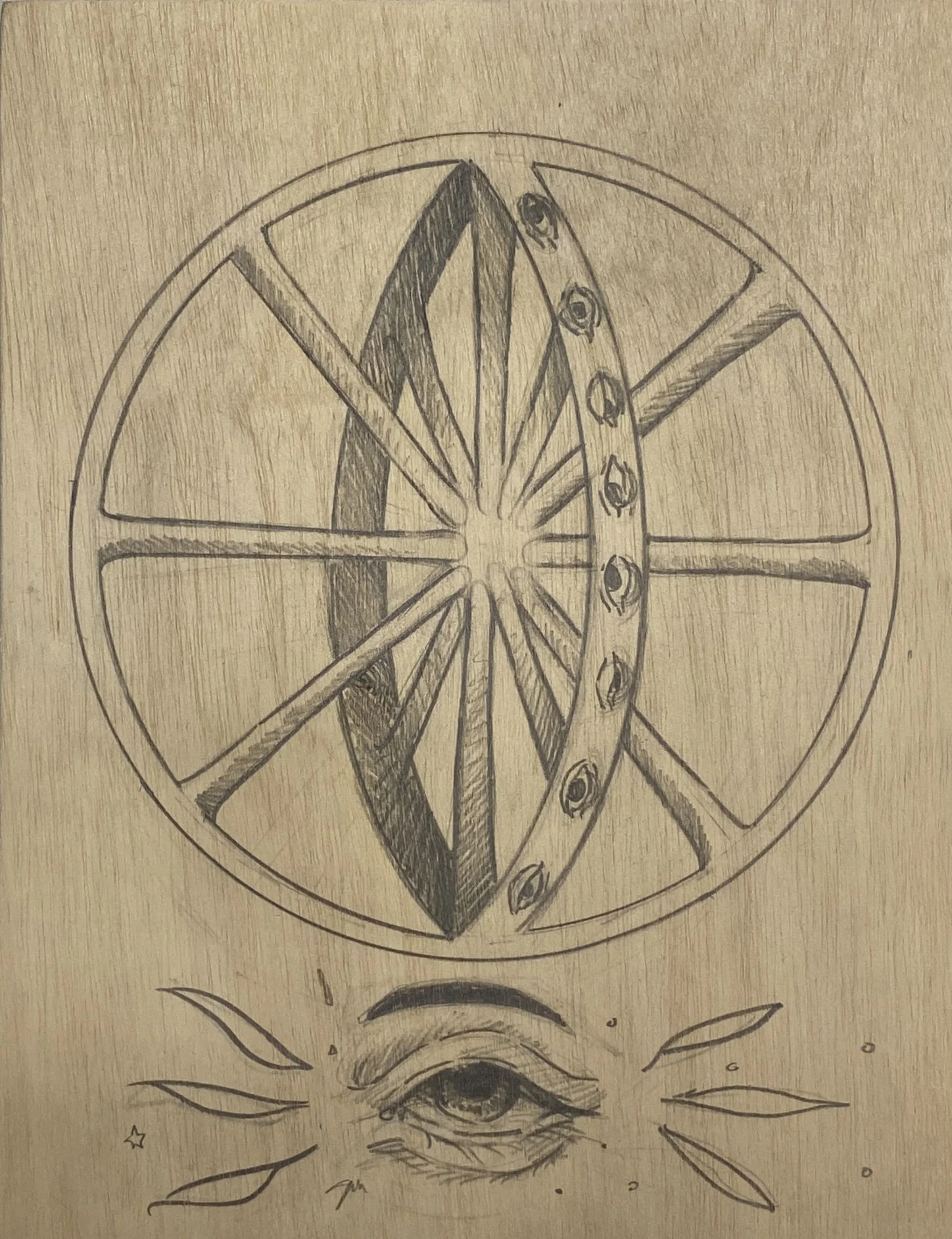  CURIOS: Wheel  graphite on panel  9 × 12 in  2025 