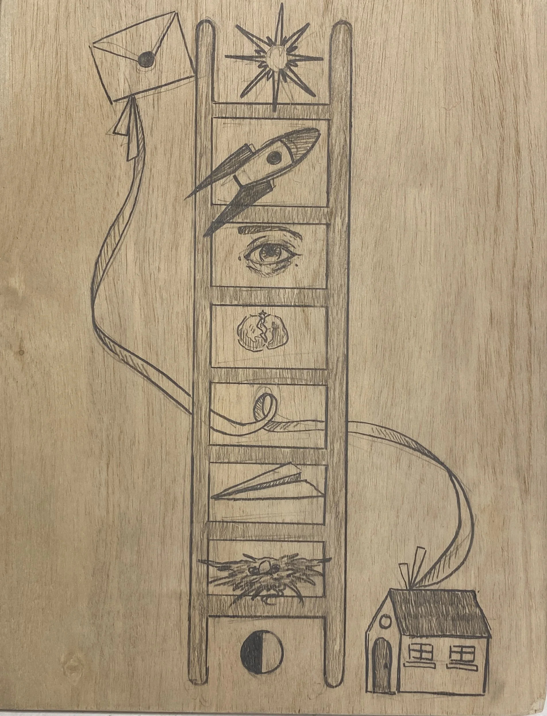  CURIOS: Ladder  graphite on panel  9 × 12 in  2025 