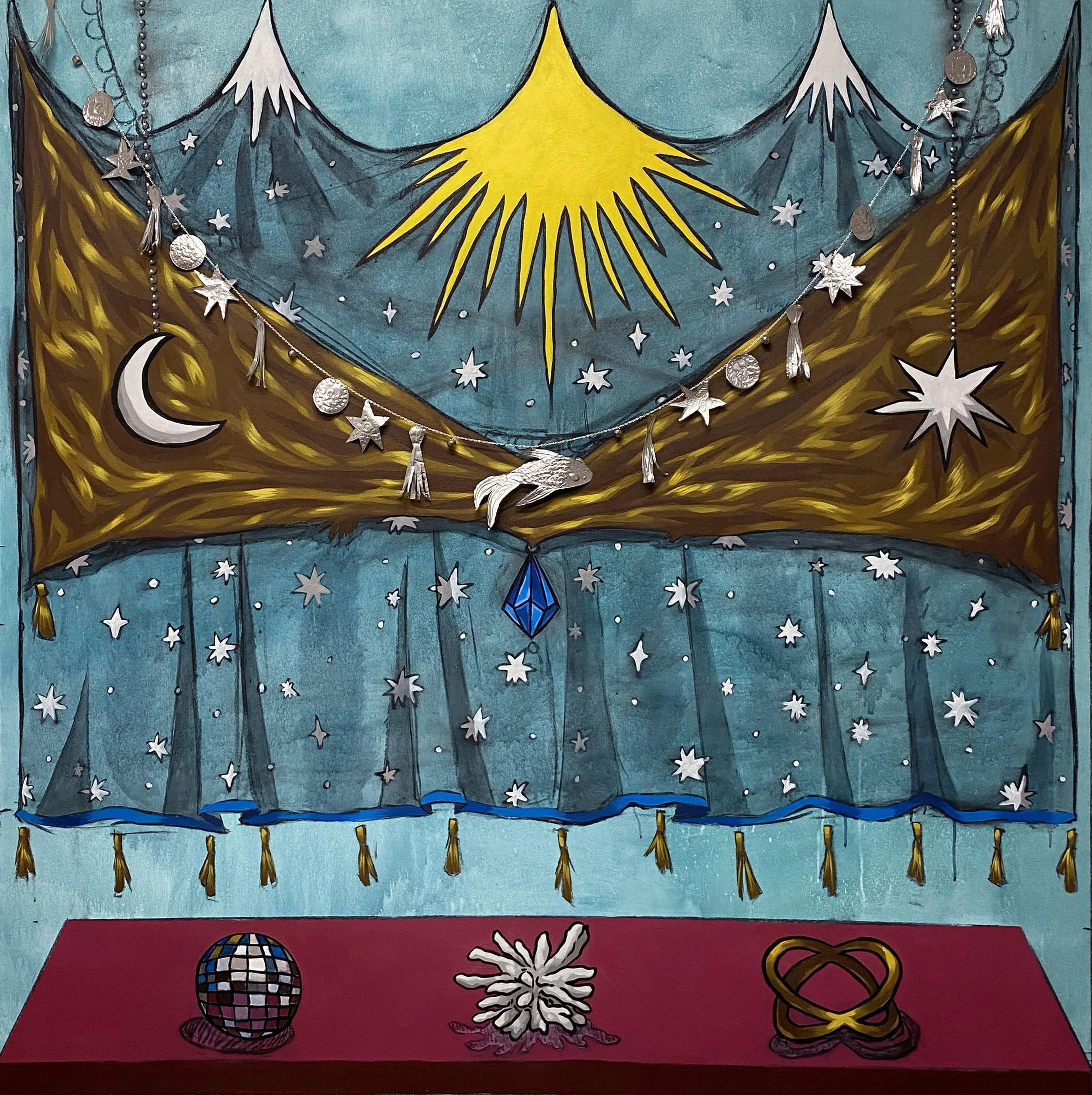  VEIL ORACLE  charcoal, acrylic paint, aluminum tin, silver chain and nickel bells on canvas  72 × 72 in  2025 