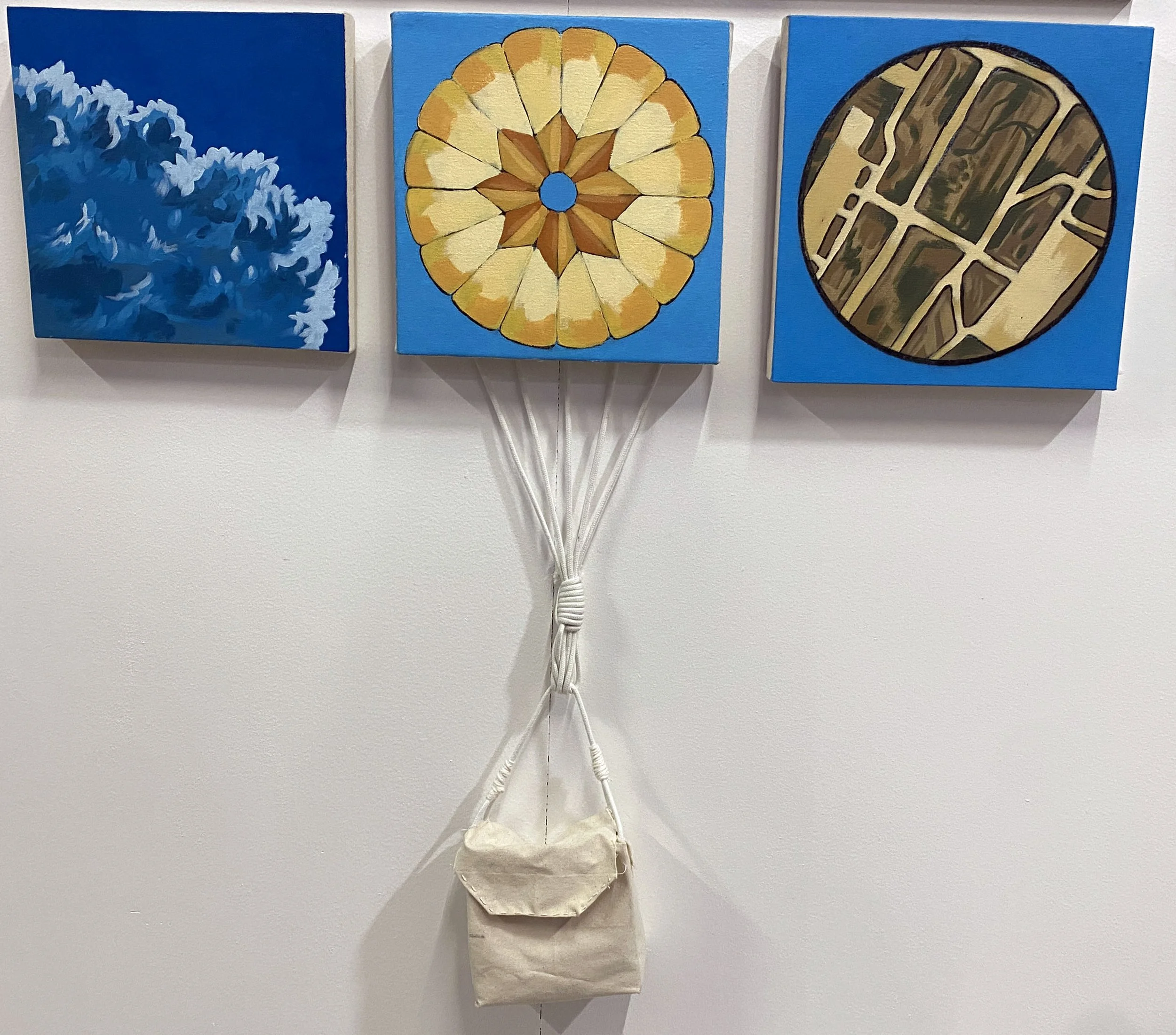  From the Axis  acrylic and rolled cyanotype with cotton rope and thread on canvas  12 × 36 × 30in  2026 