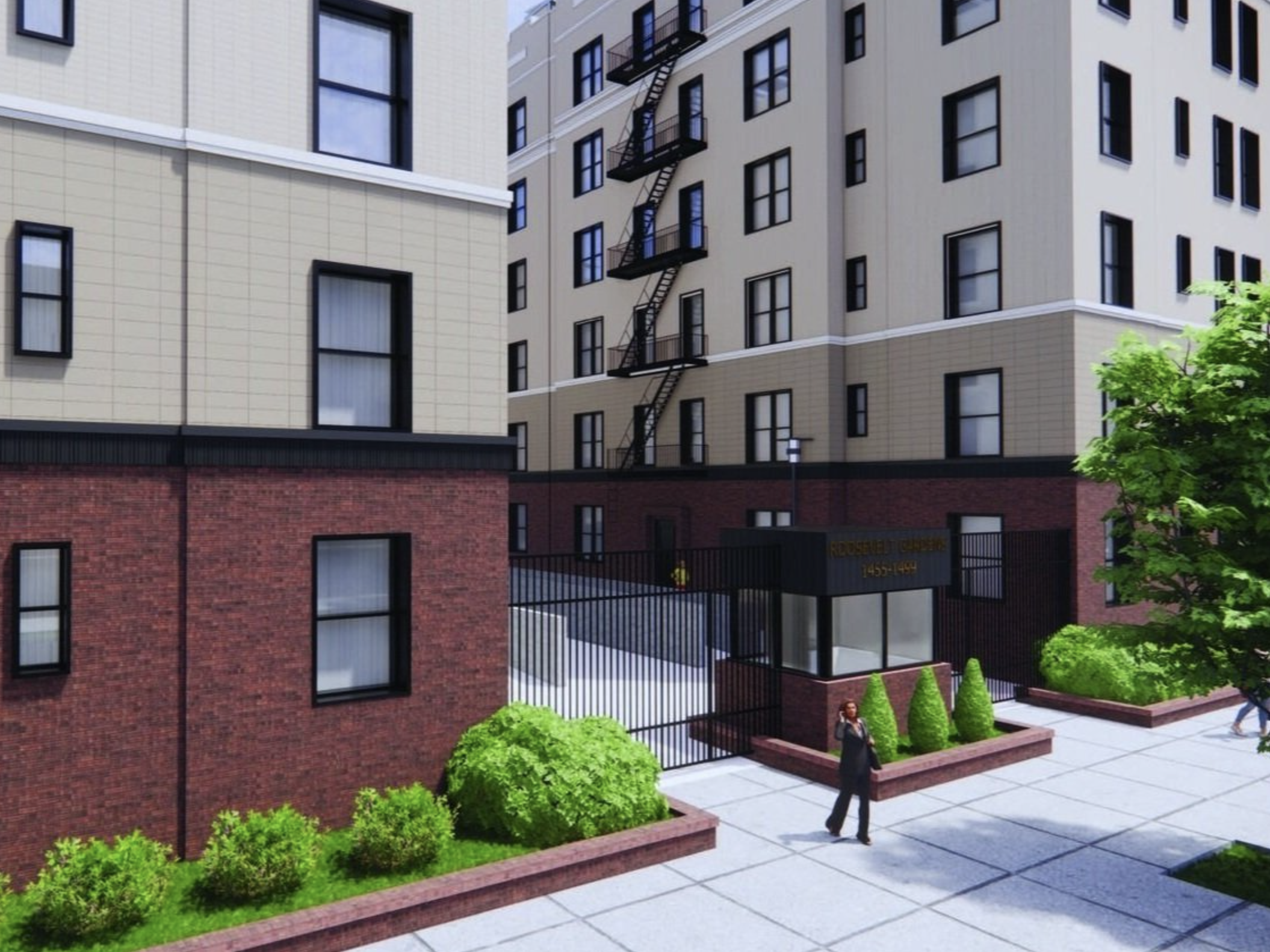 Render of a modern multi-story residential building with a brick and beige exterior, fire escape stairs, and a gated entryway with a woman standing nearby, surrounded by greenery and a sidewalk.