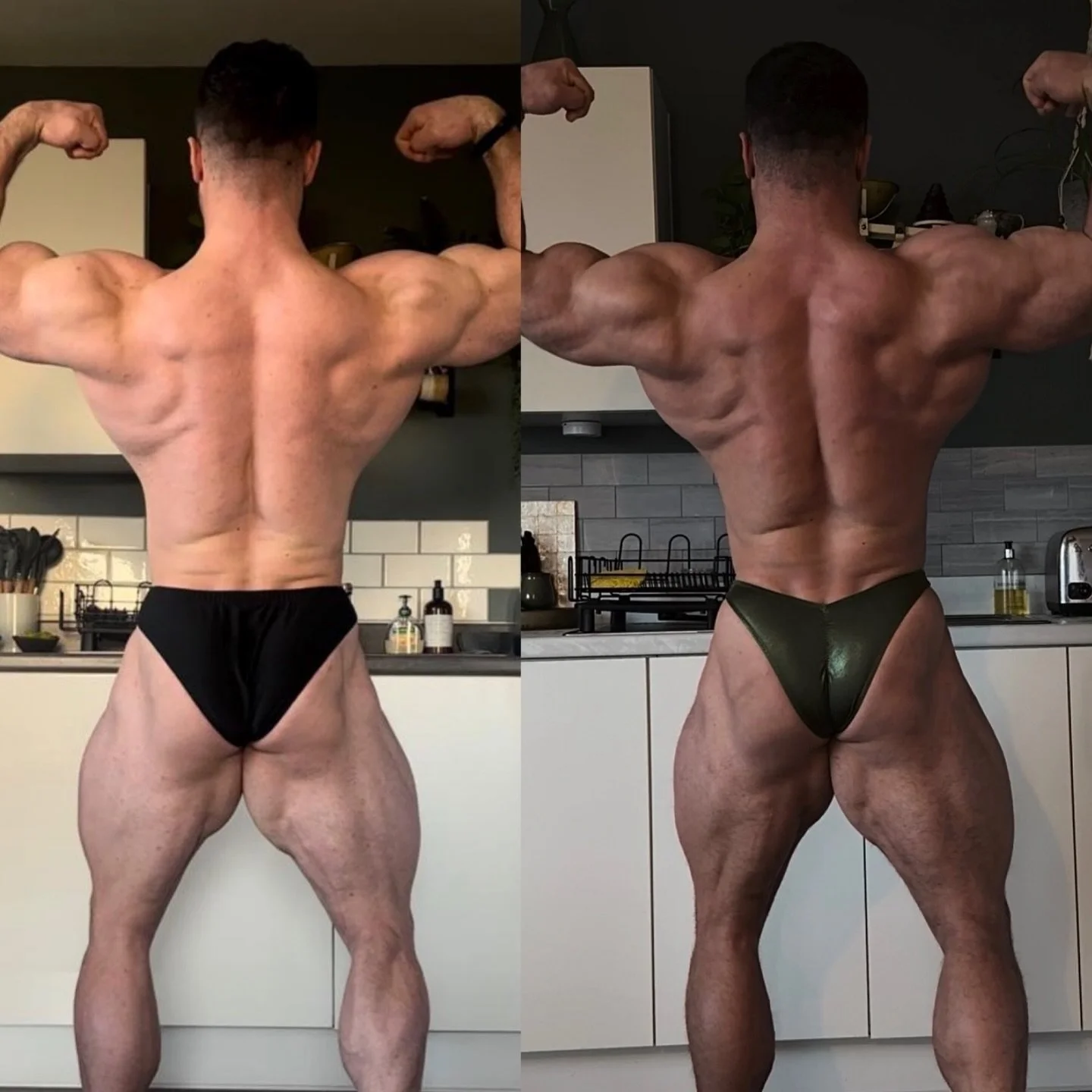 Jan 2025 vs Jan 2026. 

1 long arse prep, 4 shows and 1 short growth phase between shots. 

I wanted to bring my back up, an area I felt always had the potential to be good but needed more attention . 

Heavy DB rows &amp; heavy Barbell Rows, don&rsq