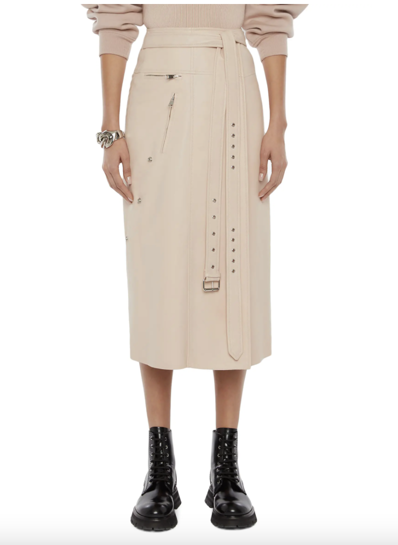 Lambskin Leather Belted A-Line Midi Skirt