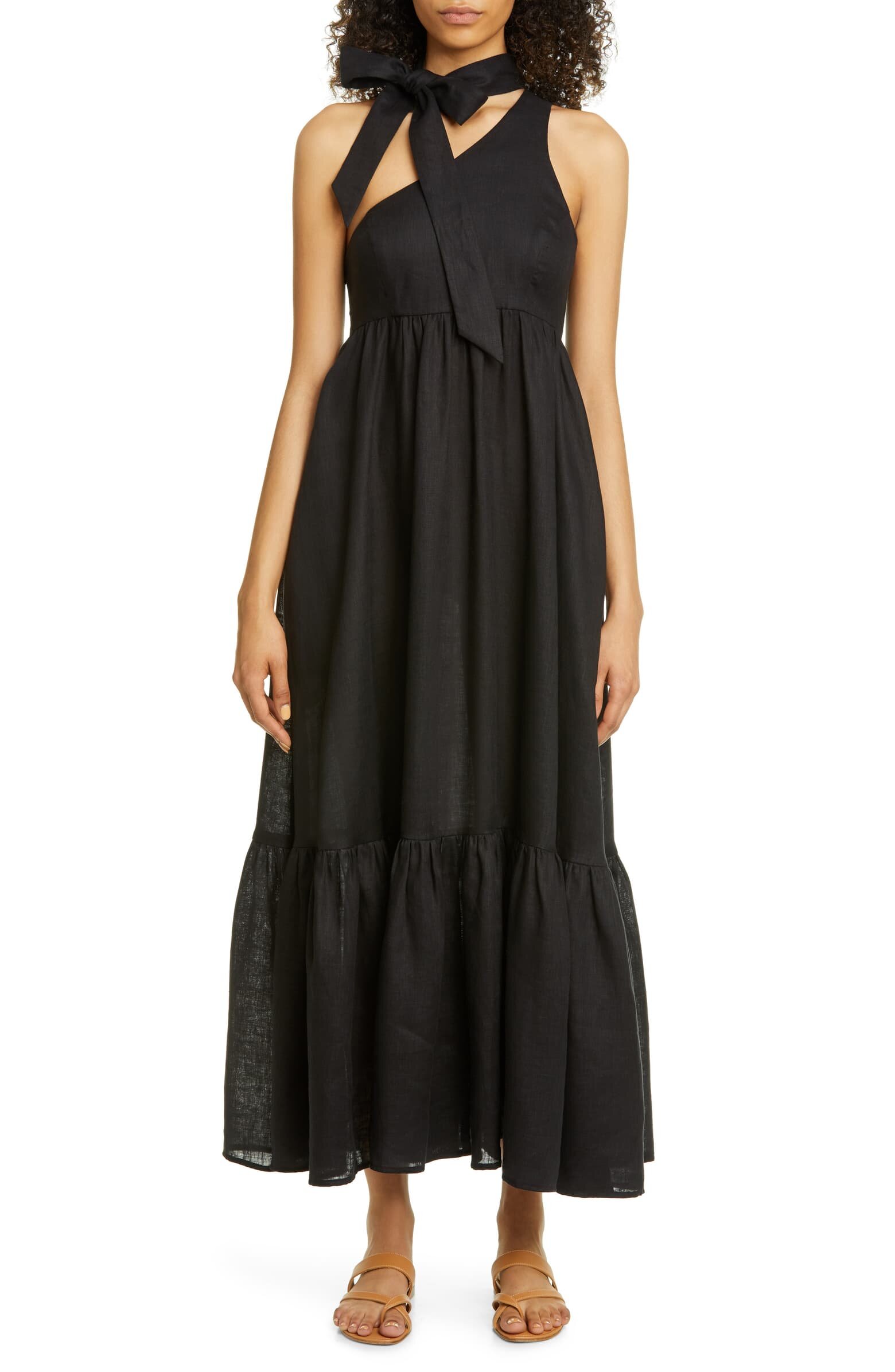 Tie Neck One-Shoulder Linen Dress