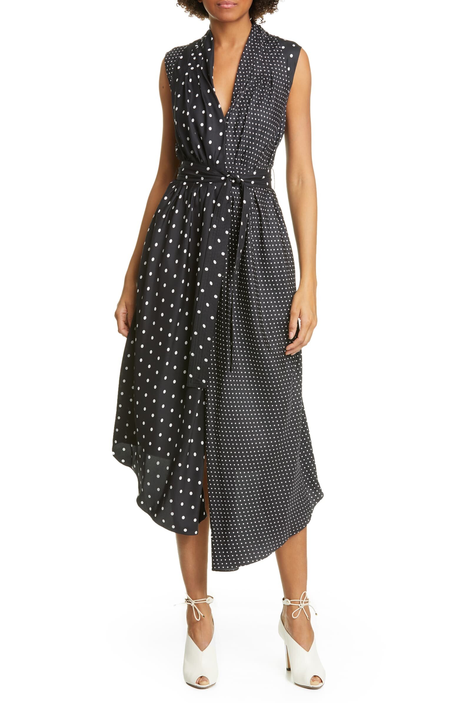 Asymmetrical Polka Dot Silk Midi Dress