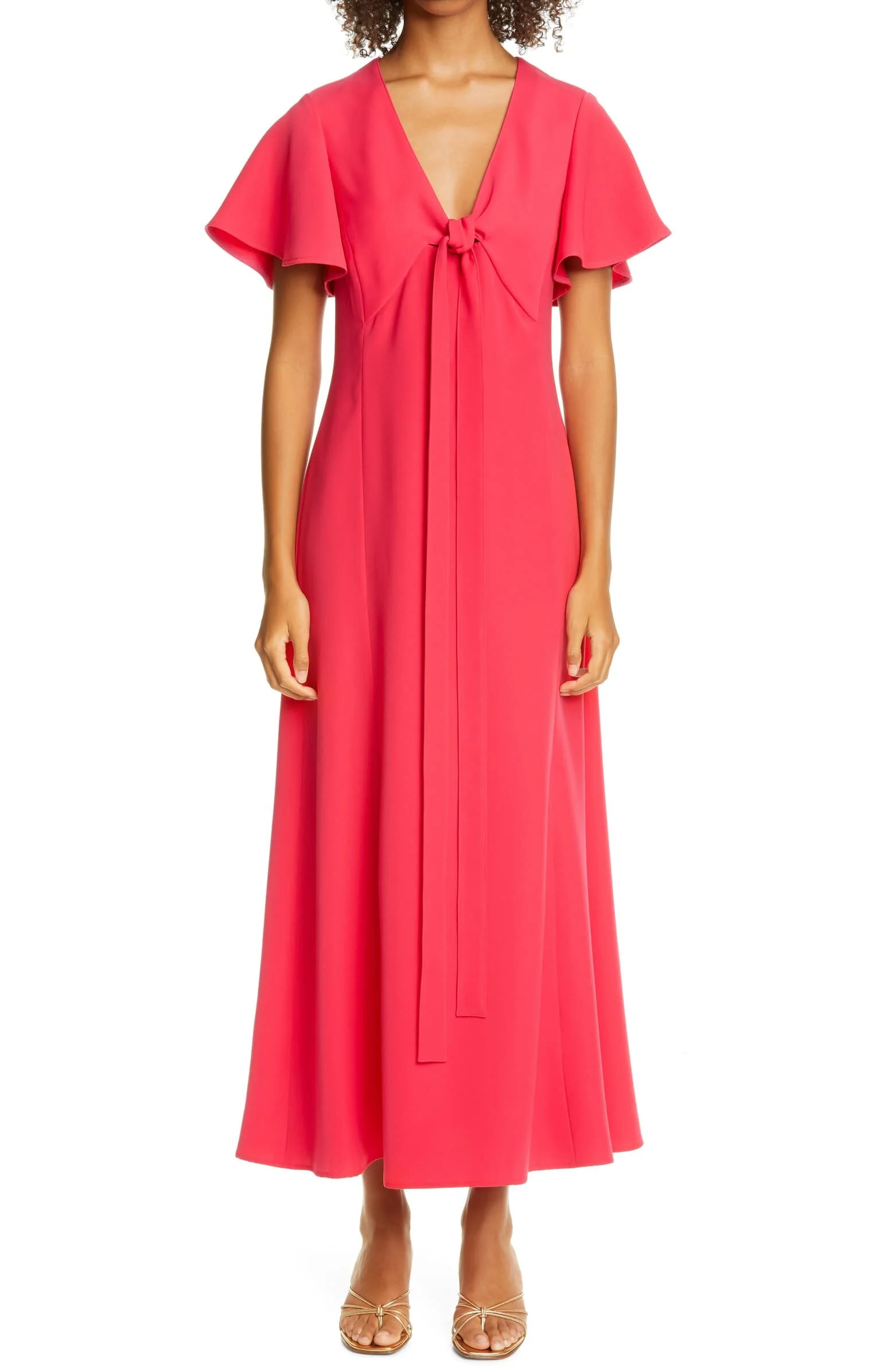 Flutter Sleeve Tie Bodice Crepe Maxi Dress