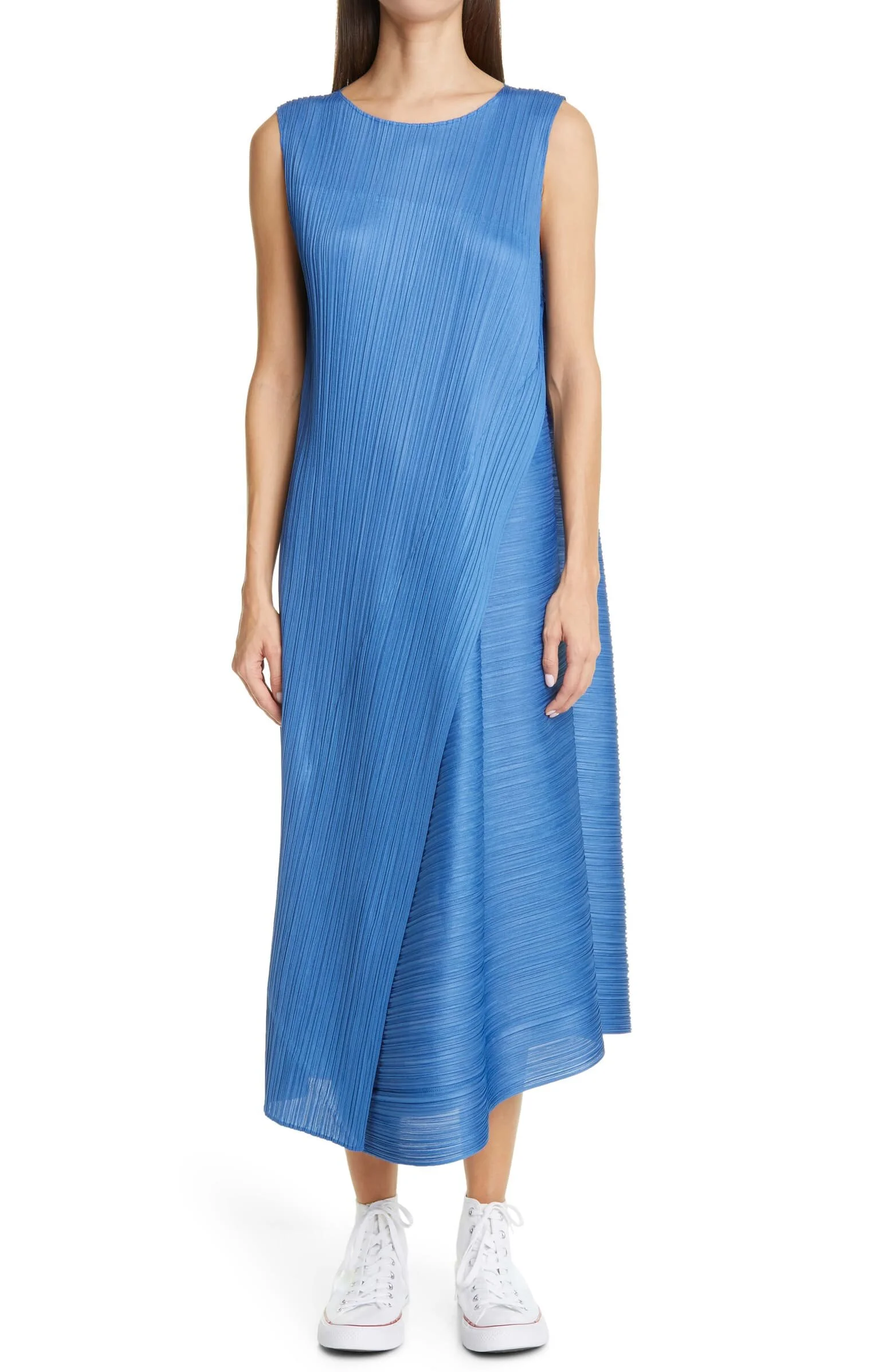 Diagonal Pleated Faux Wrap Dress