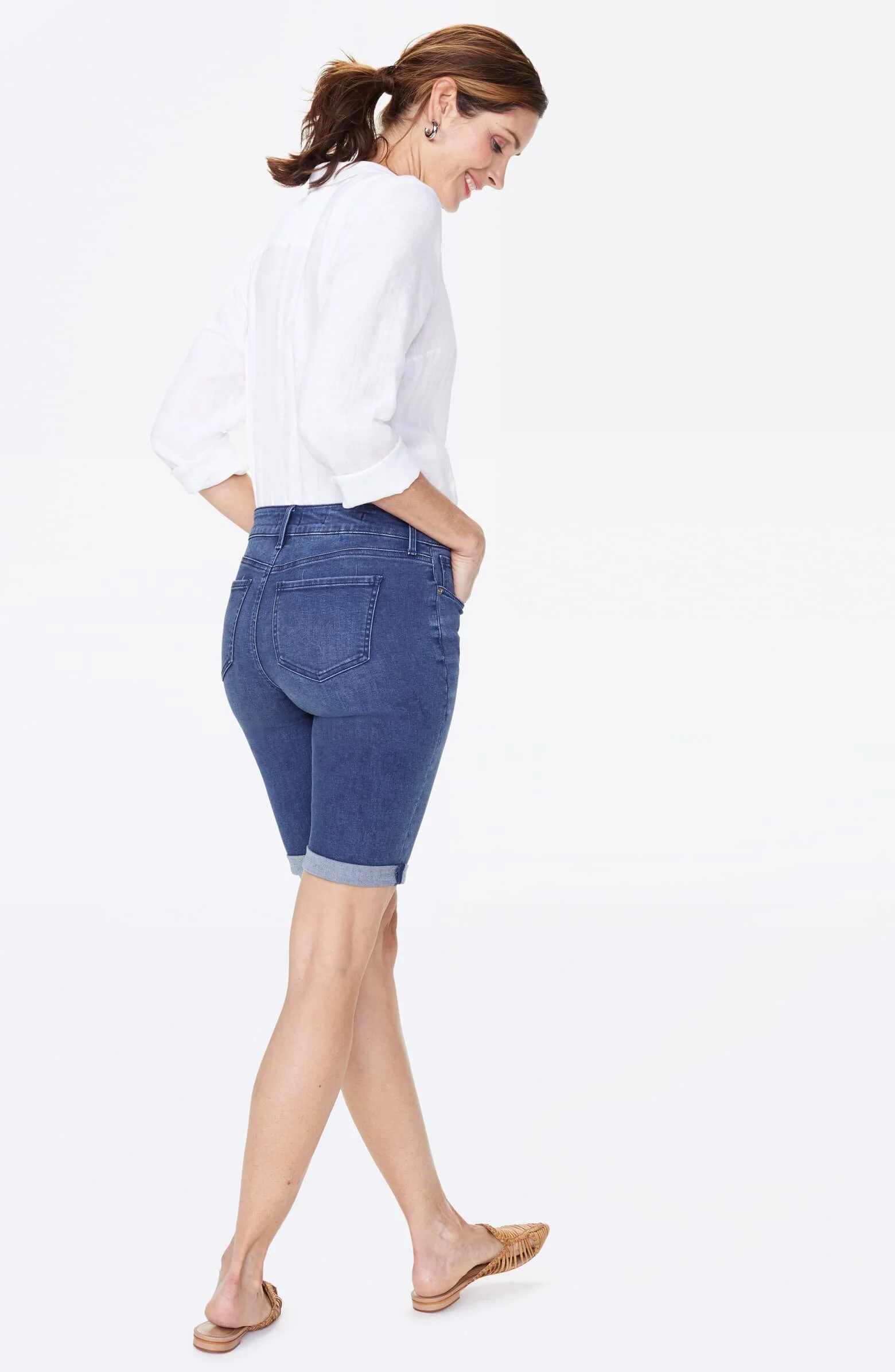 Briella High Waist Two-Button Roll Cuff Denim Shorts