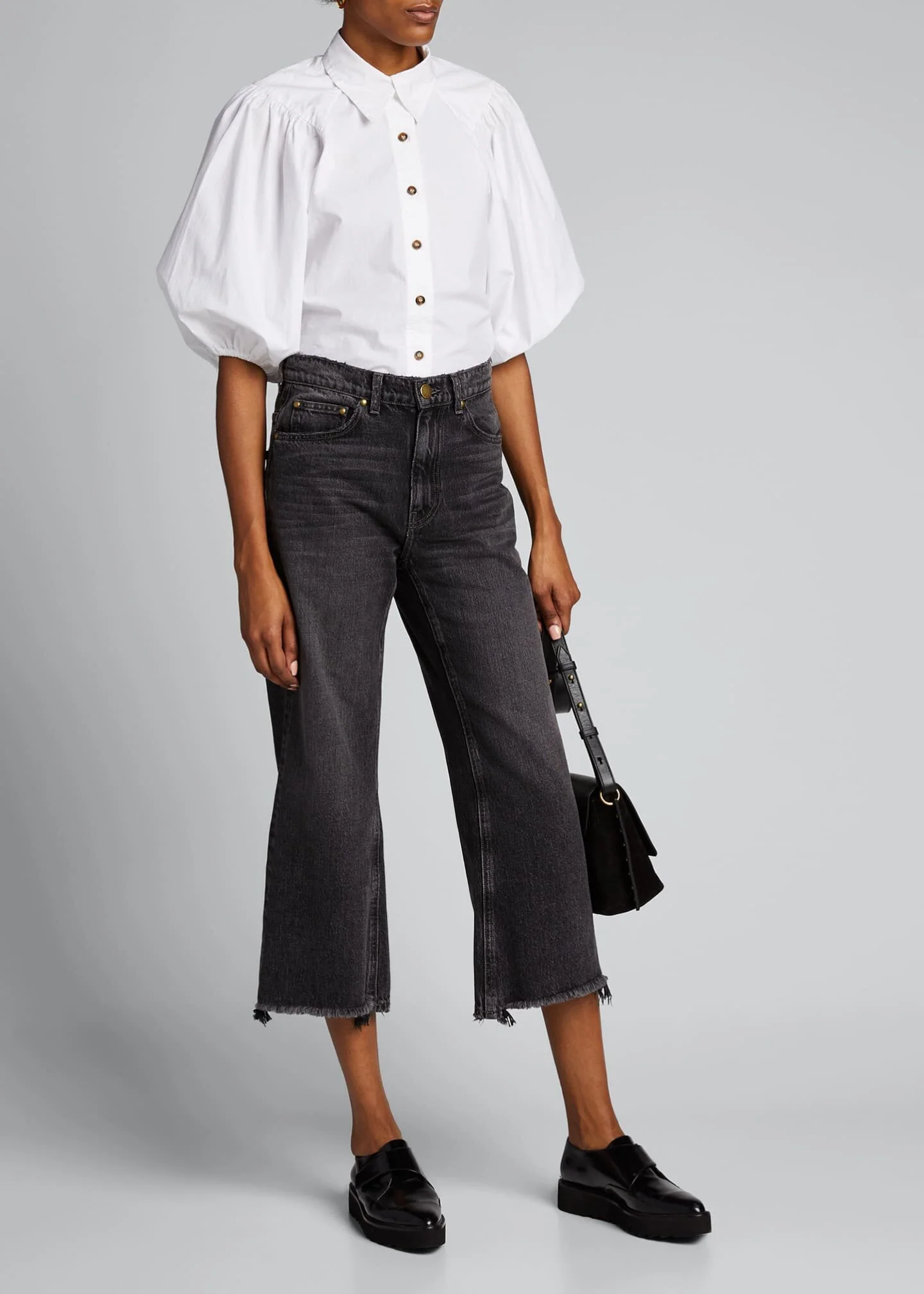 Puff-Sleeve Poplin Button-Down Top