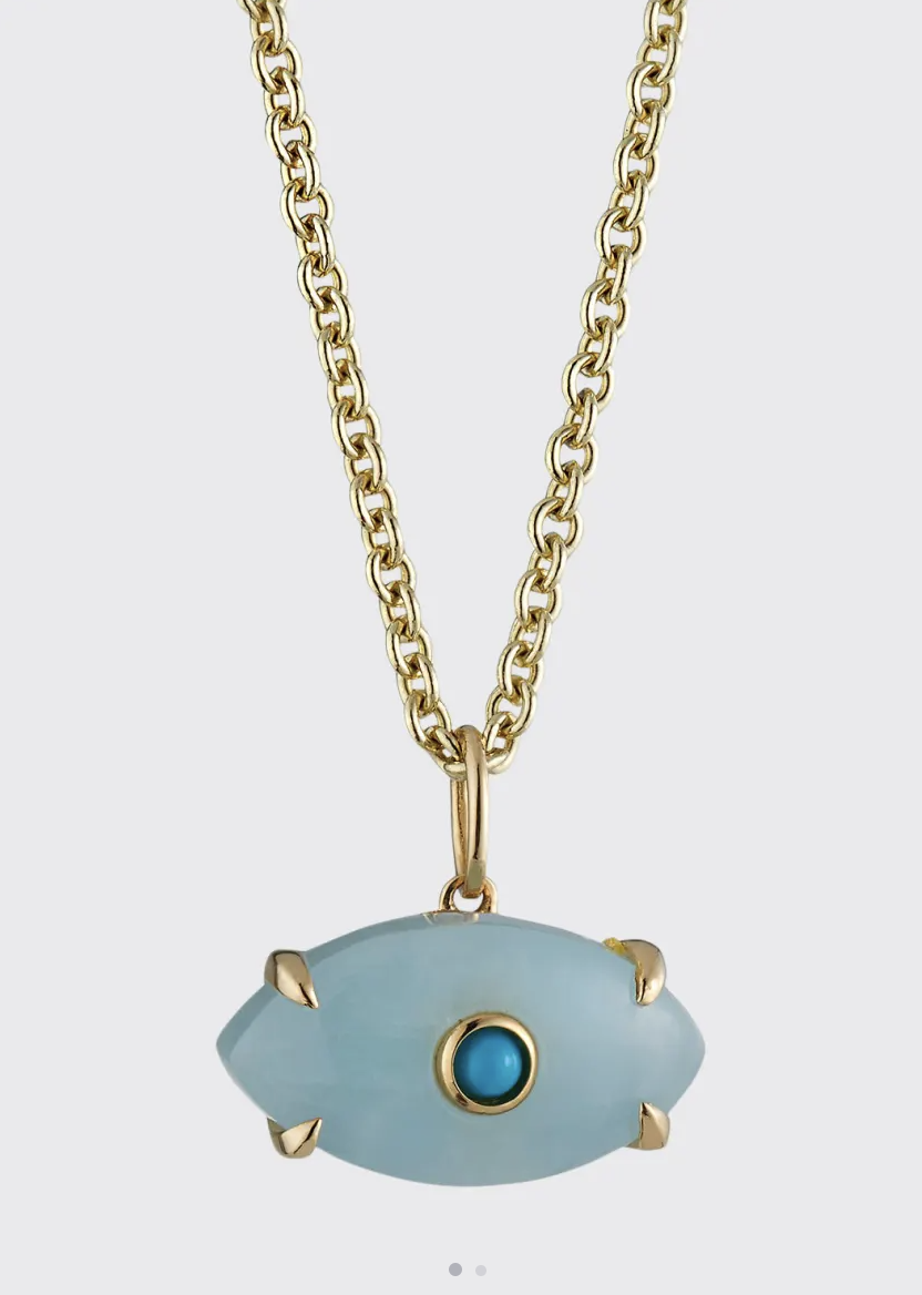 Carved Aquamarine and Turquoise Evil Eye Charm Necklace