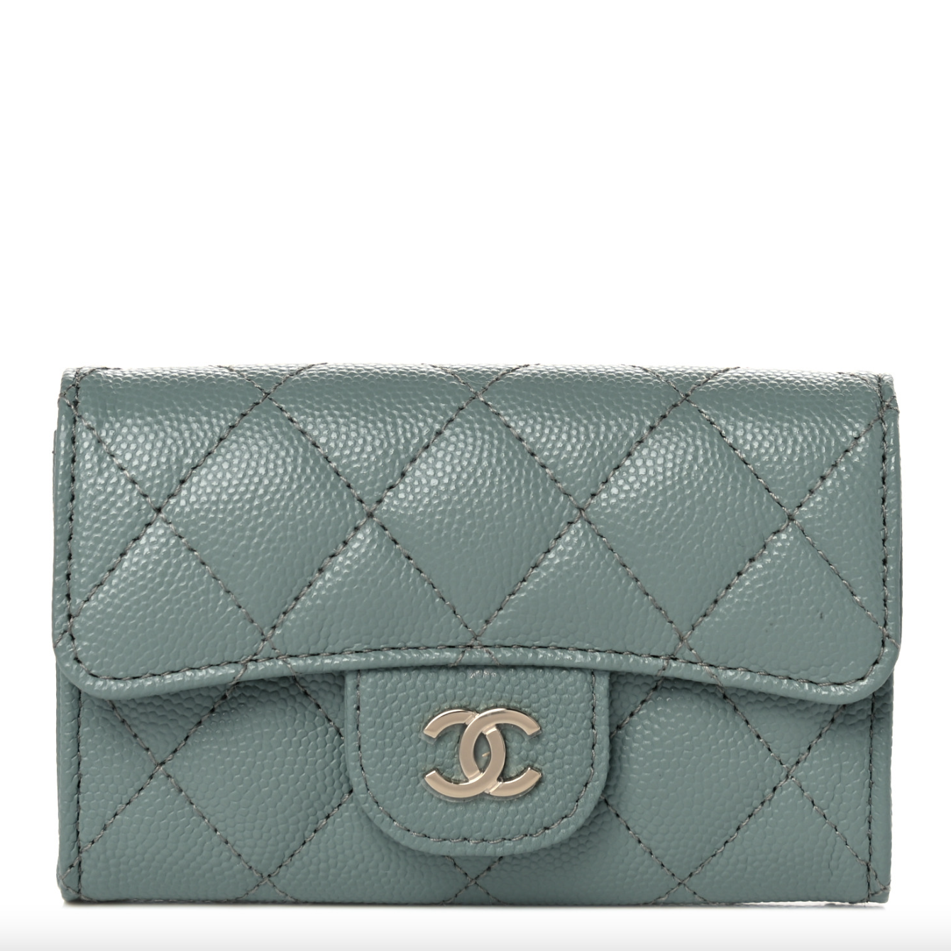 CHANEL Caviar Quilted Flap Card Holder Wallet Dark Green