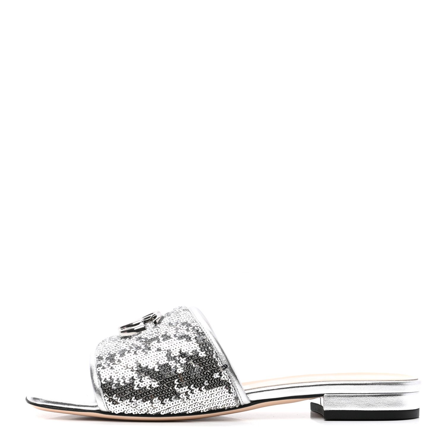 Sequin Metallic Nappa GG Marmont Flat Slide Sandals 39 Silver