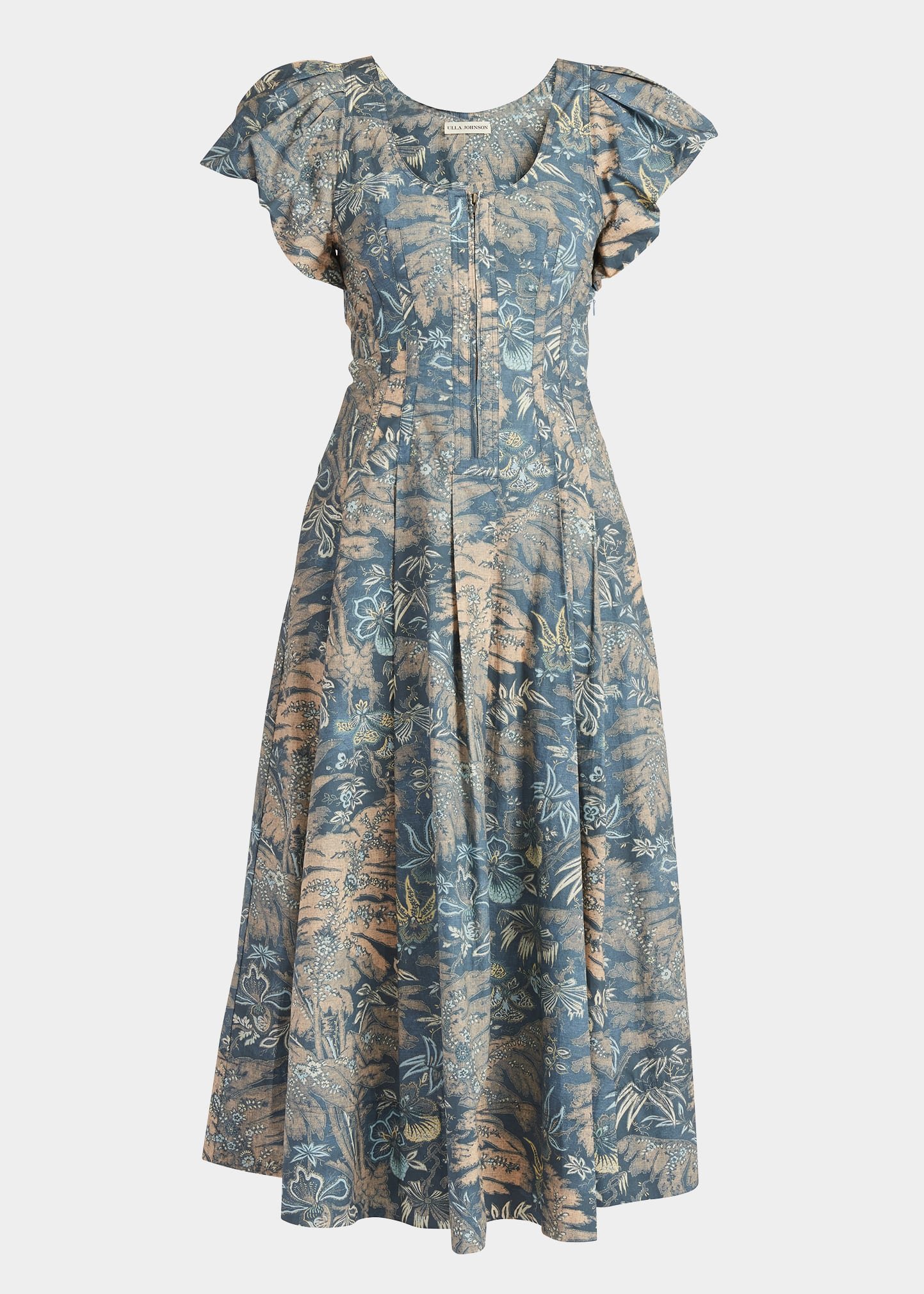 Malie Floral Puffed-Sleeve Pleated Midi Dress