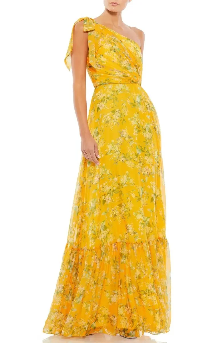 One-Shoulder Floral Print Chiffon A-Line Gown 