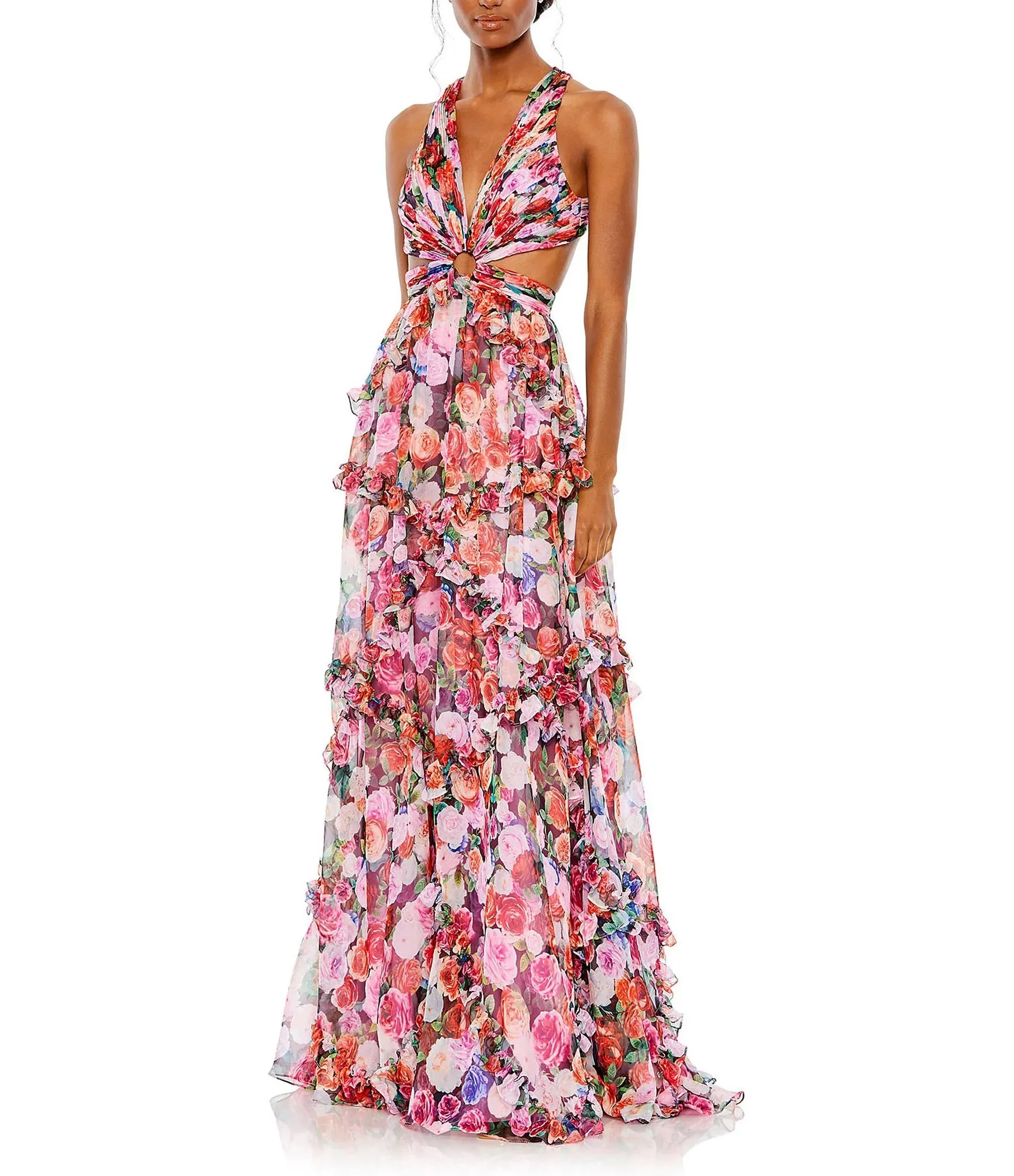 Floral Print Ruffle Cutout Gown 