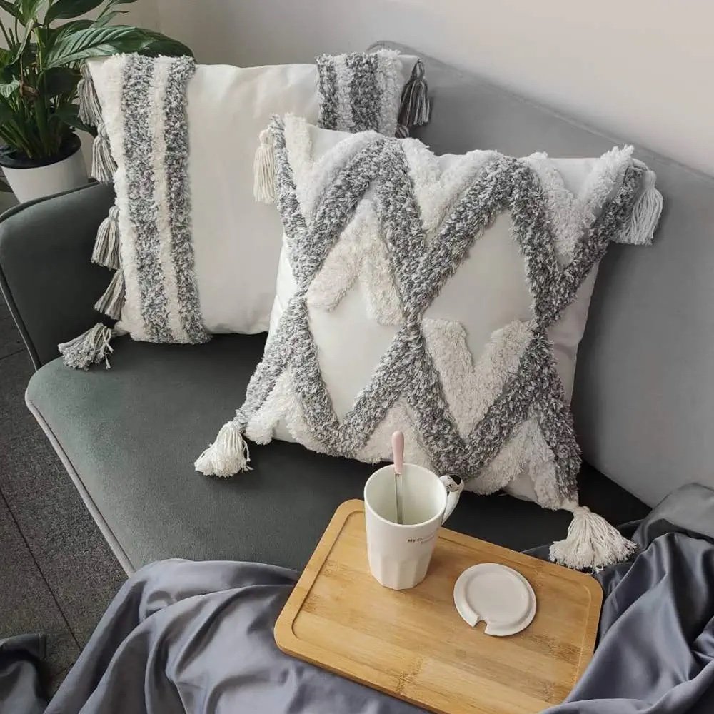 TINYSUN White Grey Boho Decorative Throw Pillow