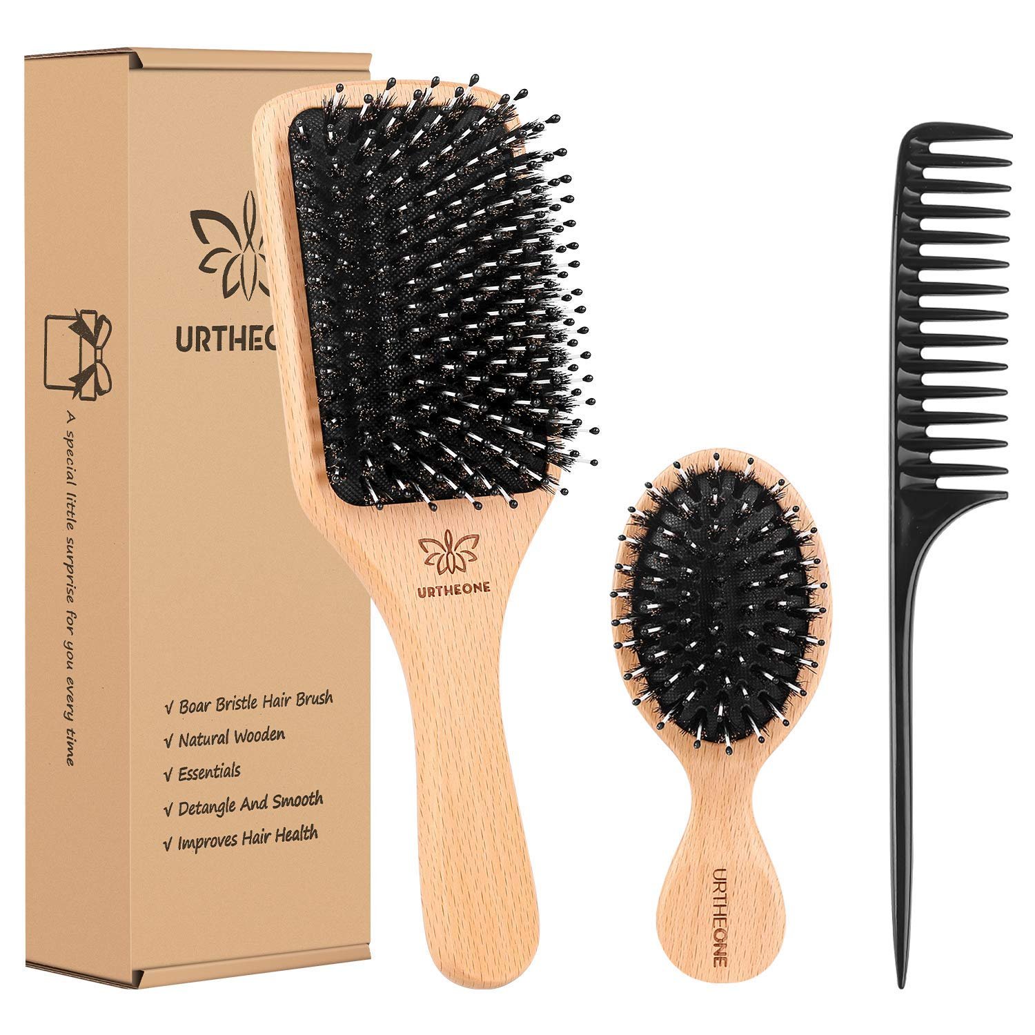 Boar Bristle Hair Brush and Comb Set 