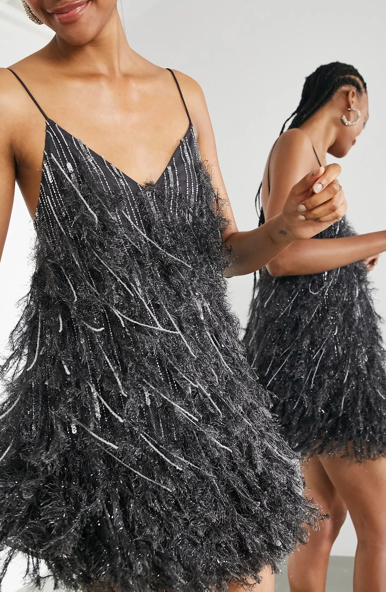 Sequin &amp; Faux Feather Minidress