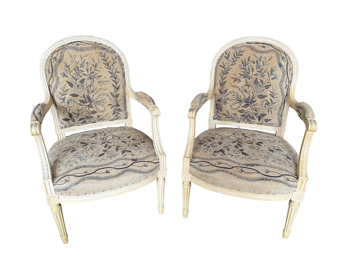 Pair of Late 18c Louis XVI Style Fauteuil Chairs