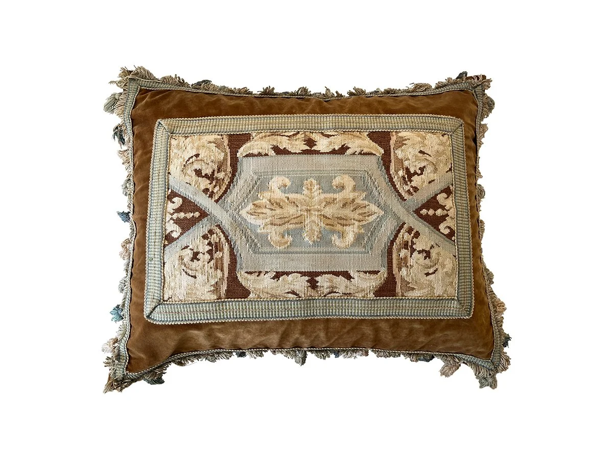 Antique Aubusson Tapestry and Velvet Pillow with Tassels