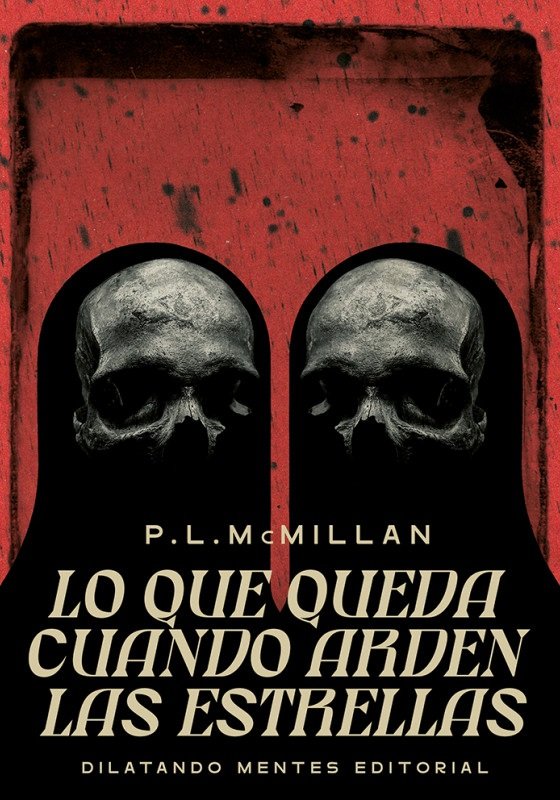 Book cover featuring two skulls against a dark background with a red vertical stripe in the middle, and text in Spanish.