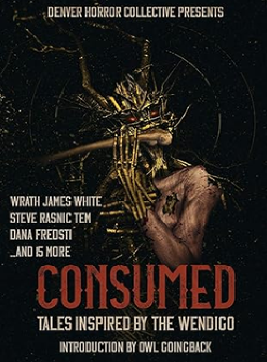 A spider with a human hand in its mouth, set against a dark background for a horror anthology cover.