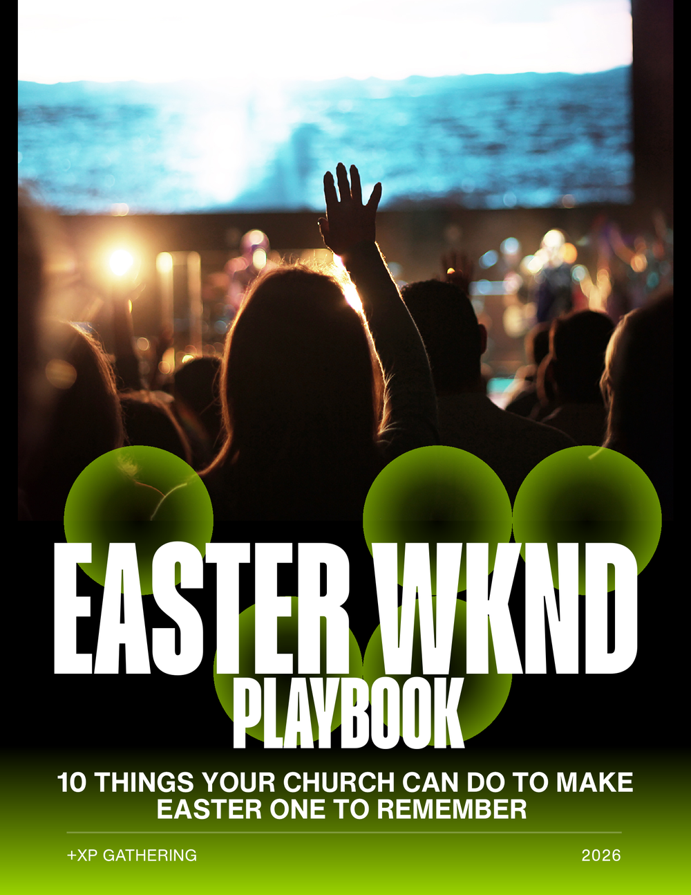 The cover of a book titled "Easter WKND Playbook" showing a church congregation during a service, with a person raising their hand, and a large screen displaying a scenic ocean view in the background.